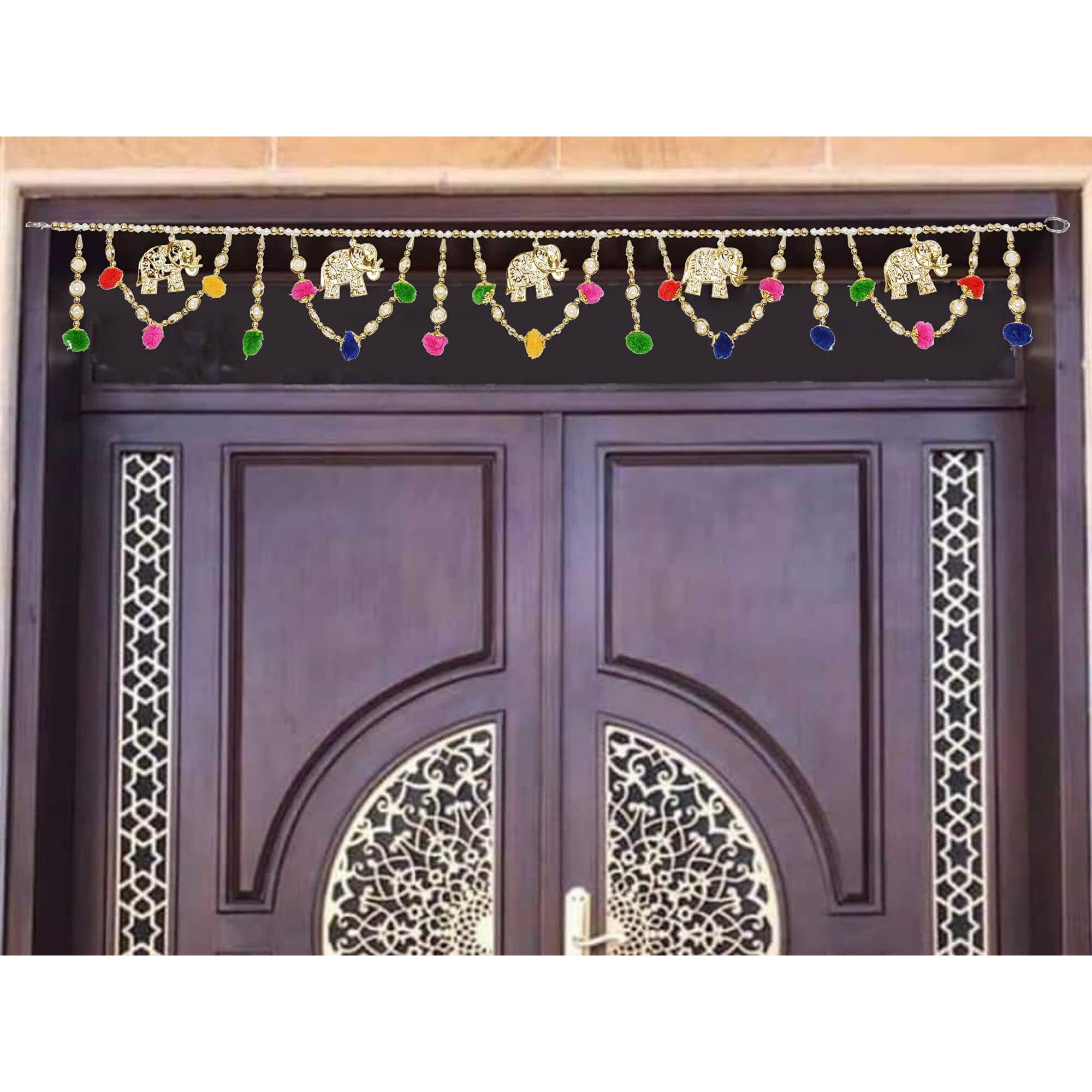 CraftVatika Toran for entrance door for Diwali Decoration Bandhanwar Navratri Pongal Onam for Door/ Wall Hanging Bandarwal for Pooja Temple Elephant Design Pompom (Size 35 Inches x 4 Inches )