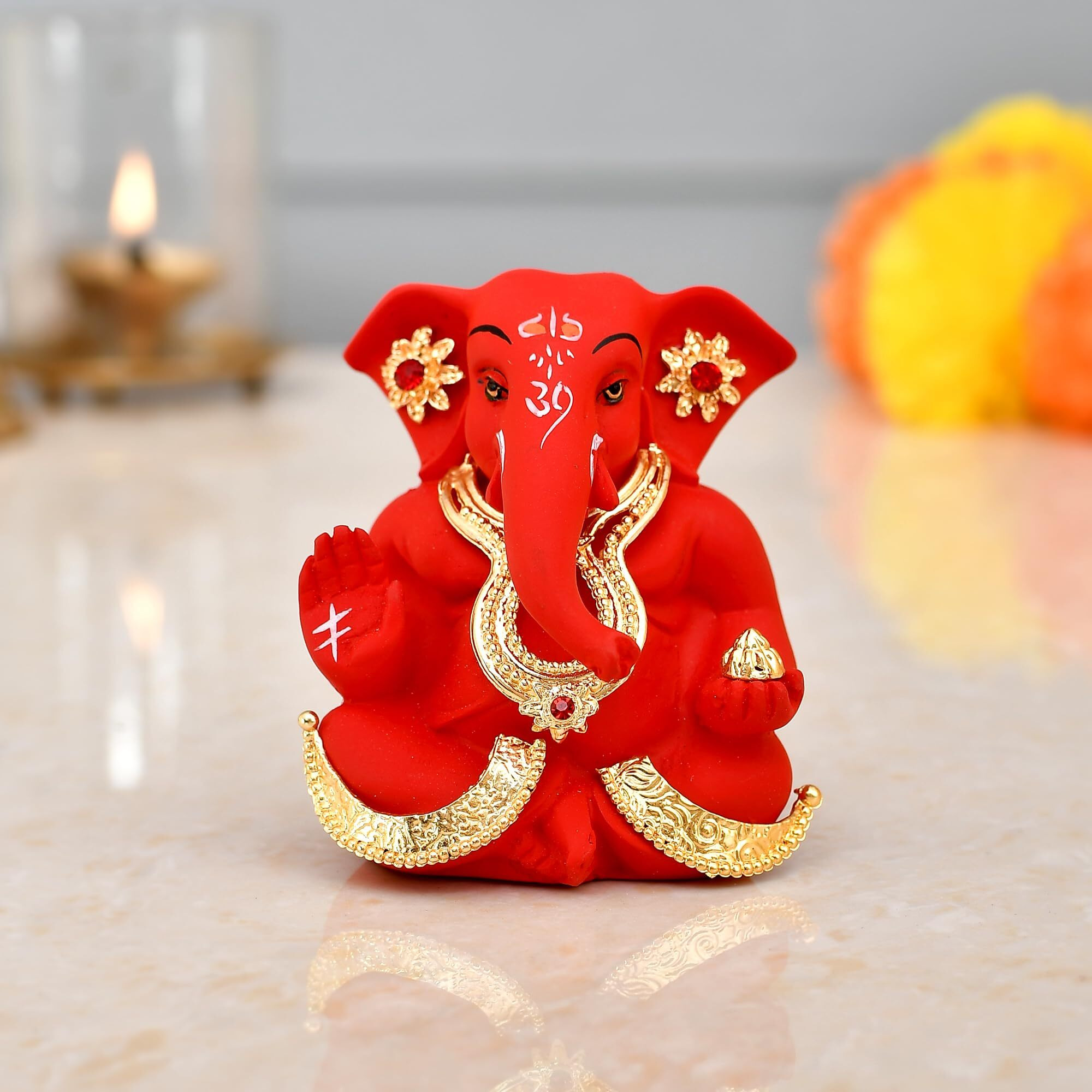 CraftVatika Ganesh Idol Murti Statue for Car Dashboard Gift Ceramic Terracotta Gold Plated Ganesha Ganpati Idols Showpiece Figurine for Home Pooja Room Diwali Decoration. (Red Color)
