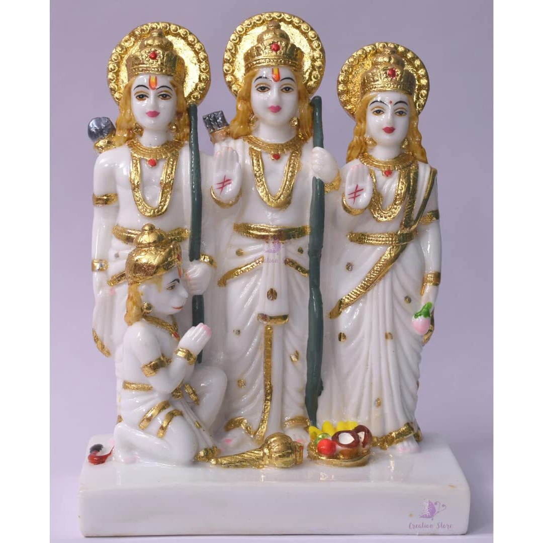Gold Plated Ram Darbar Murti for Home Temple Marble Big | Handmade Lord Ram Darbar Idol Showpiece Hindu Religious Idols Ram Sita Laxman Hanuman Statue Puja Diwali Decoration Items- ( 8 Inches)