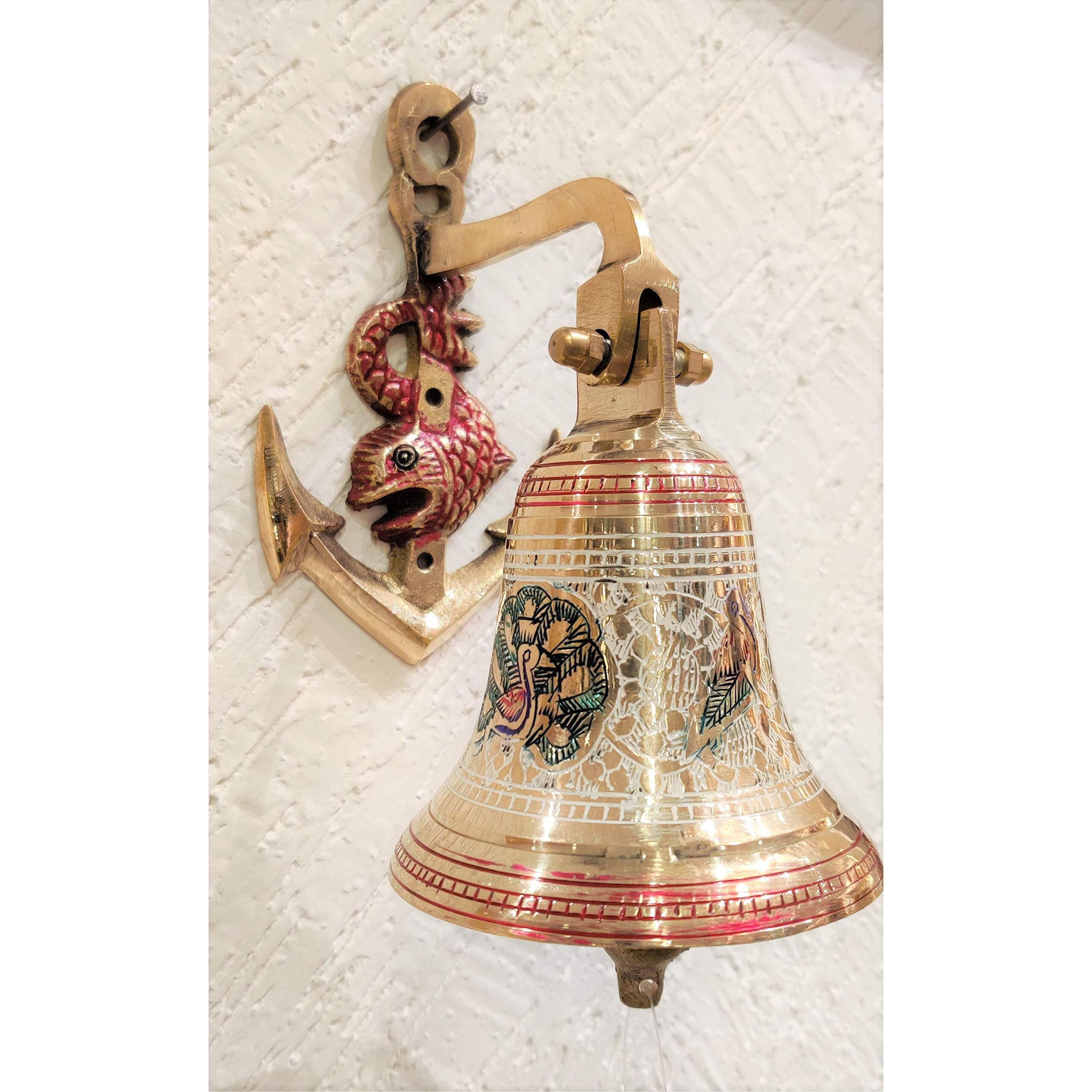 Akriti Brass Art Wares Antique Wall Hanging Home Door Brass Bell for Gate Entrance Decoration Ship Anchor Bracket for Temple Diwali Gifting 10 * 16 * 22CM