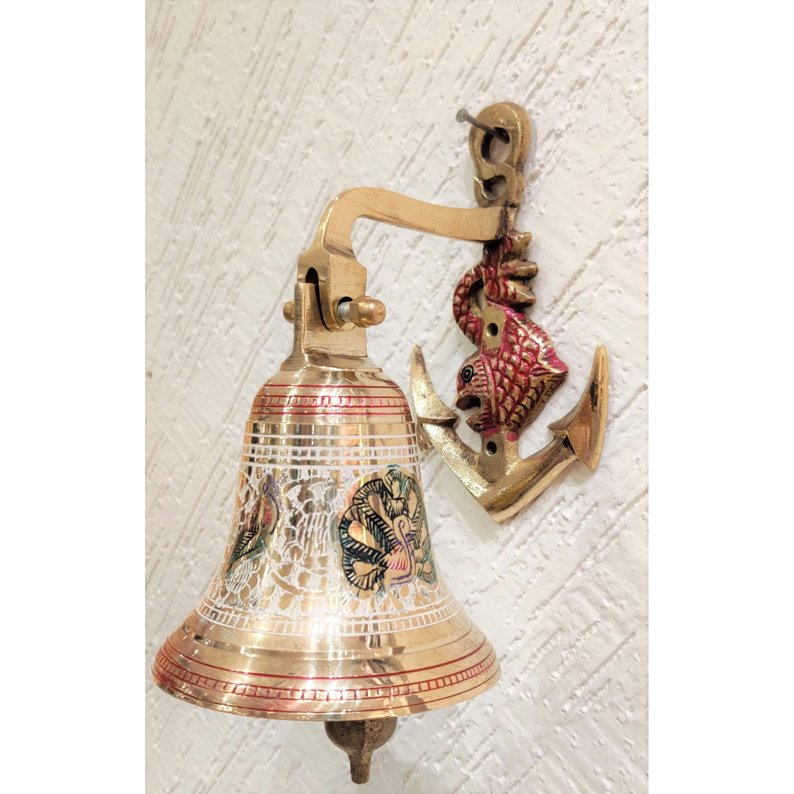 Akriti Brass Art Wares Antique Wall Hanging Home Door Brass Bell for Gate Entrance Decoration Ship Anchor Bracket for Temple Diwali Gifting 10 * 16 * 22CM