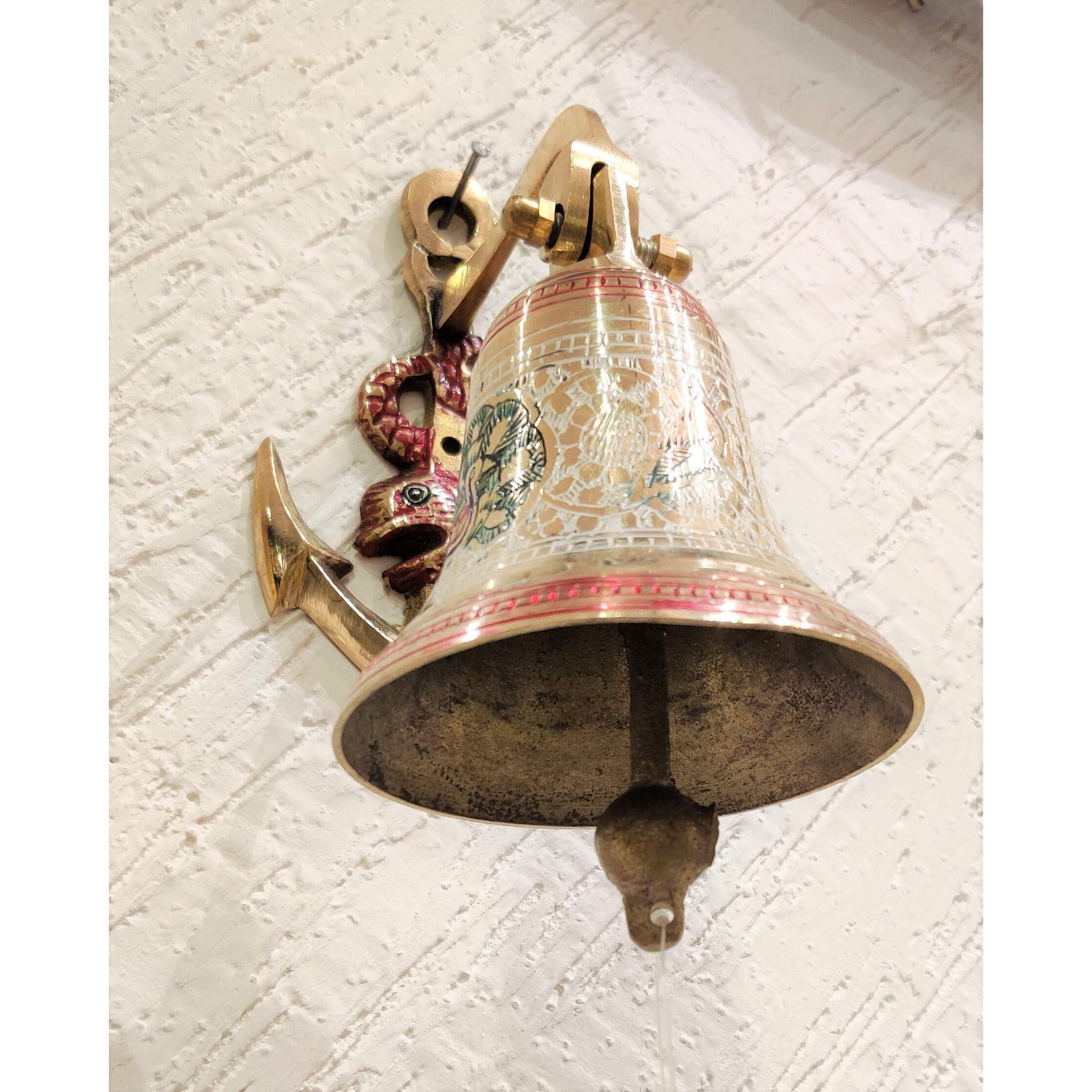 Akriti Brass Art Wares Antique Wall Hanging Home Door Brass Bell for Gate Entrance Decoration Ship Anchor Bracket for Temple Diwali Gifting 10 * 16 * 22CM