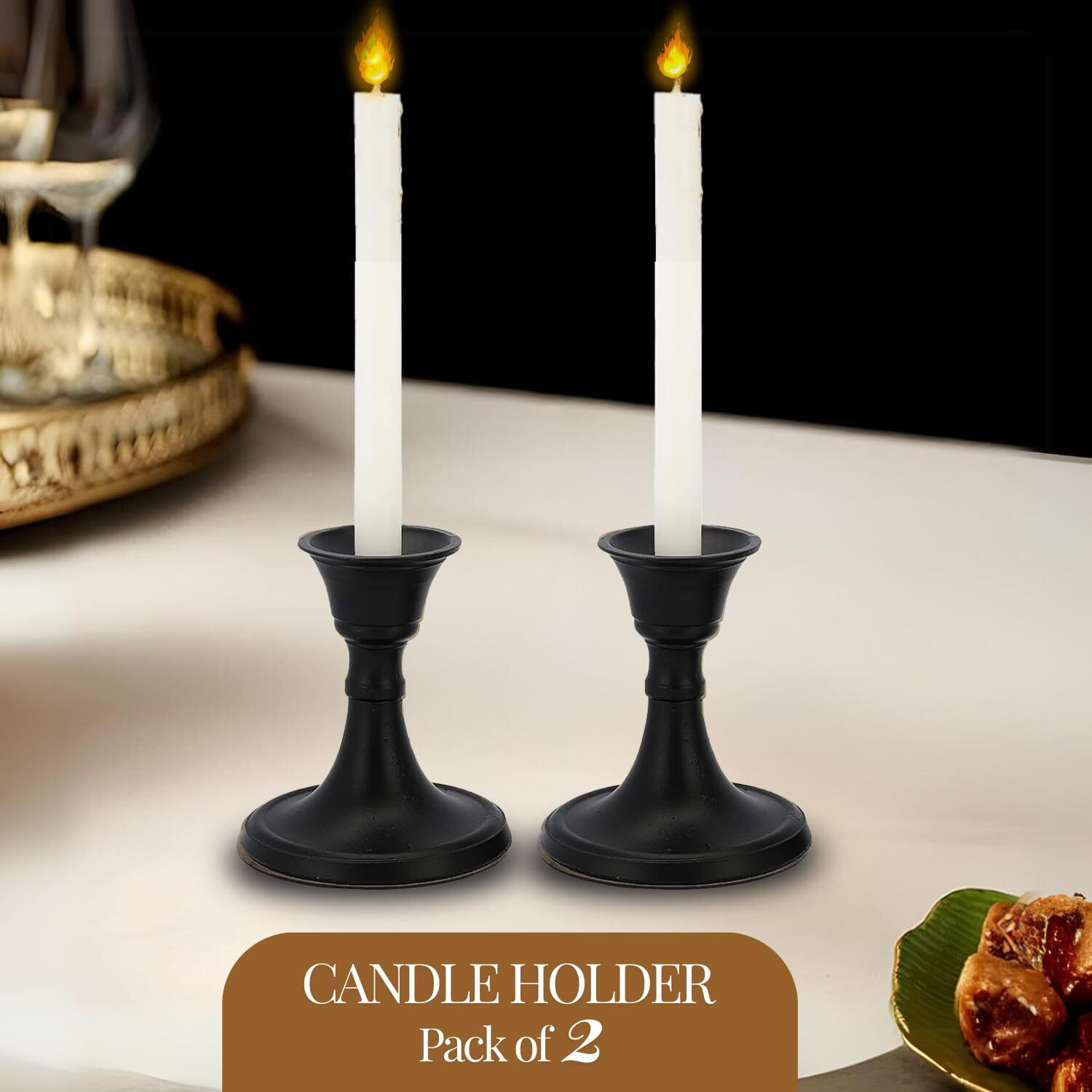 PURESTORY Candle Holder | Candle Holders for Home Decoration | Heat Resistance with Aesthetic Appeal | Best for Gifting & Diwali Decoration | Black Metal Candle Stand | Size - 3.5 Inch | Pack of 2