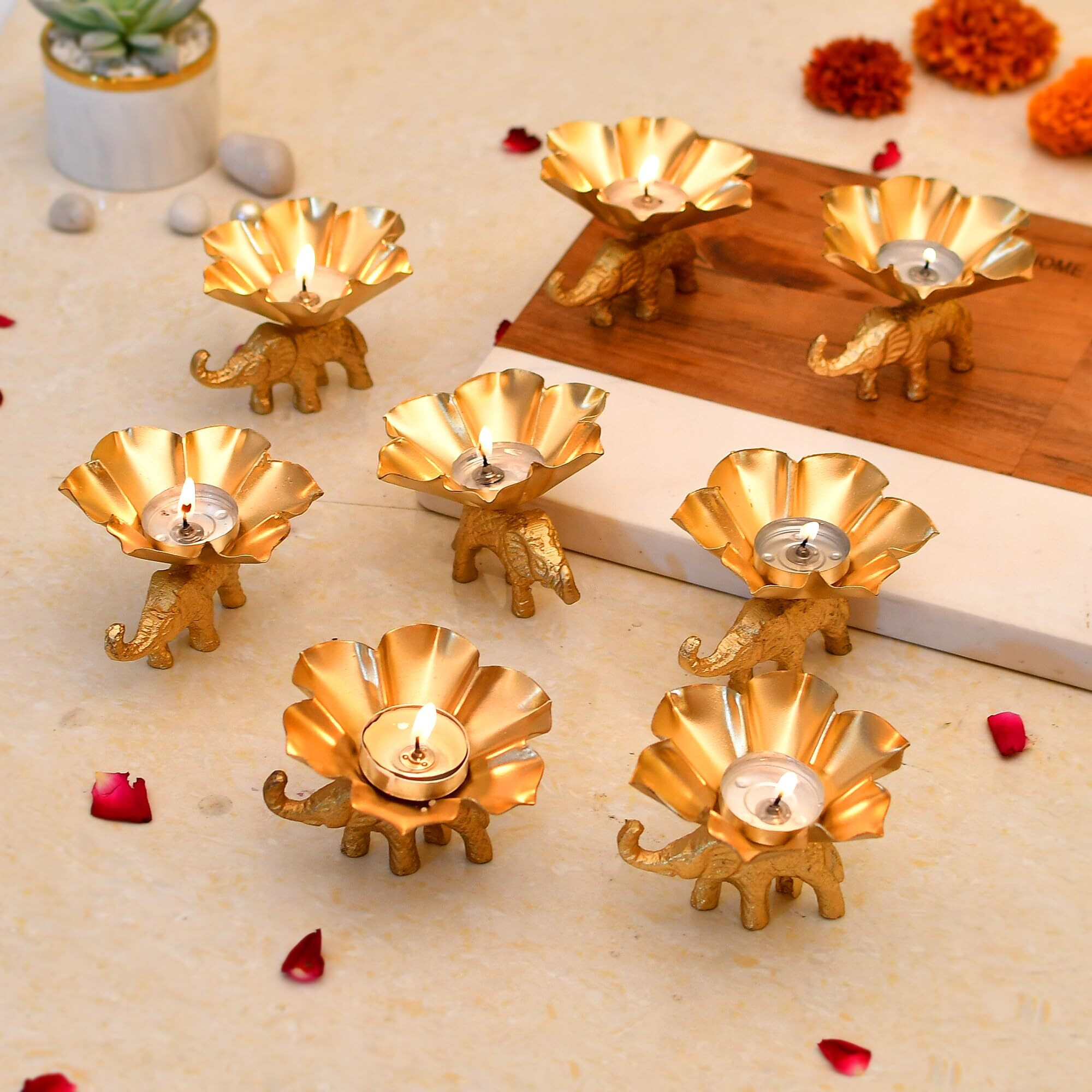CraftVatika Elegant Metal Tea Light Candle Holder Set of 8 for Home Decor - Wedding & Diwali Decoration - Handcrafted Tabletop Decorative Holder - Indoor & Outdoor