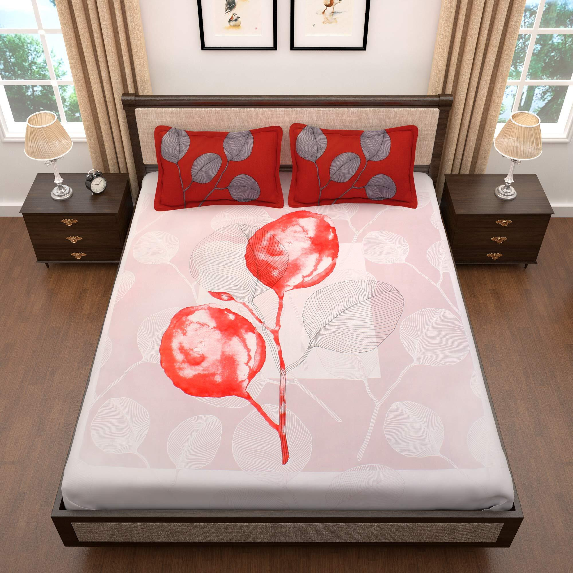 Story@Home Tevel Collection 300 TC Bedsheet King Size Bed Cotton with Two Pillow Covers, White and Diwali Red