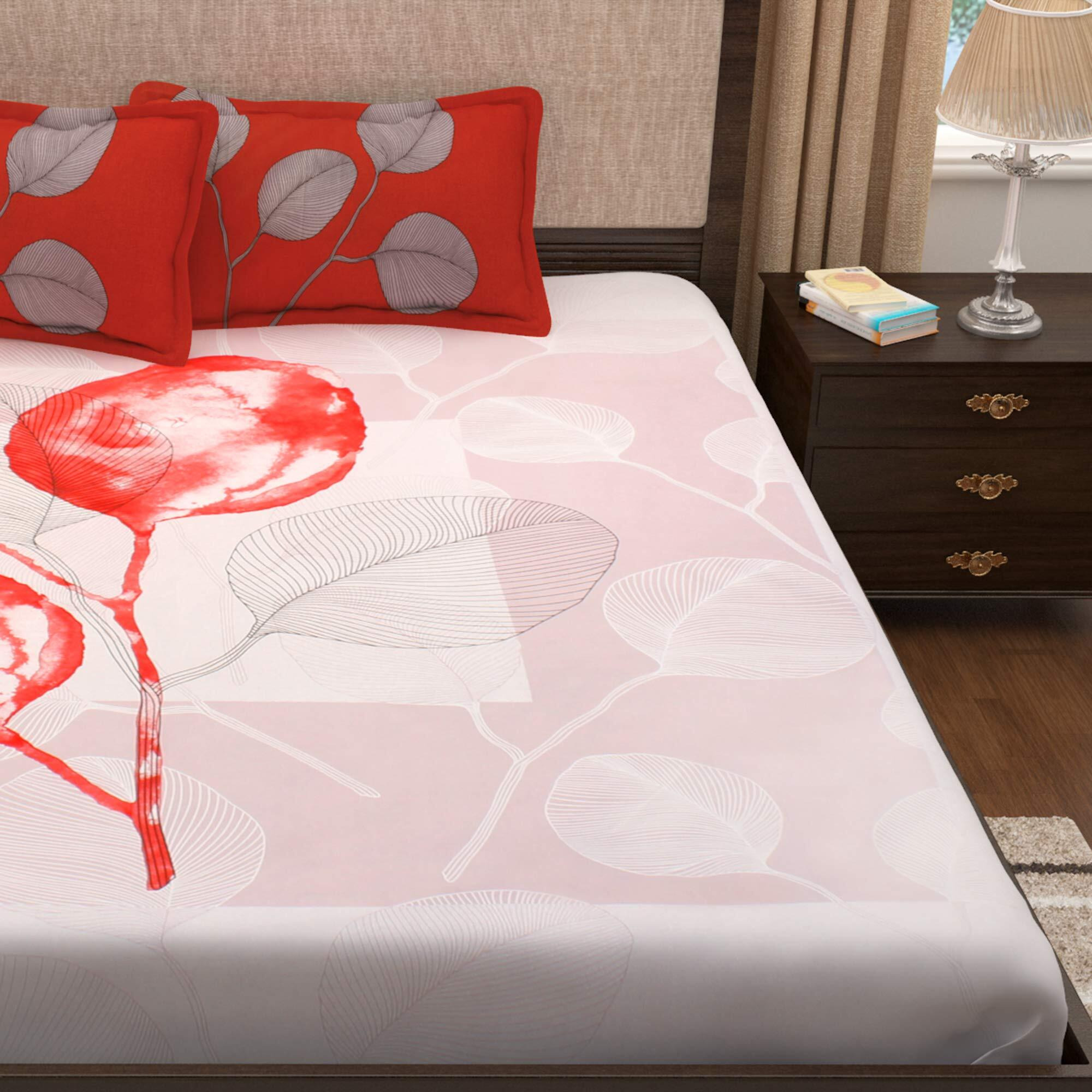 Story@Home Tevel Collection 300 TC Bedsheet King Size Bed Cotton with Two Pillow Covers, White and Diwali Red