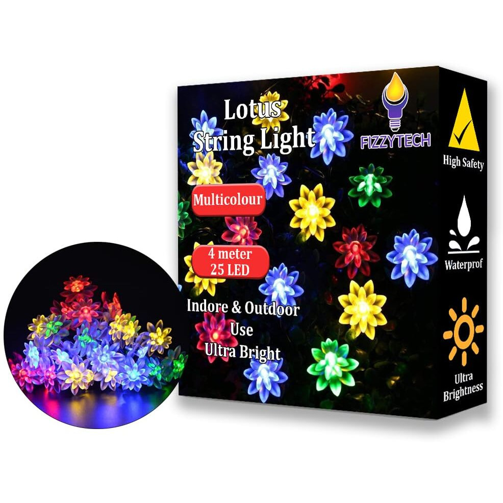fizzytech Plastic 26 Led Lotus Flower Decoration Lights Plug In Fairy String Lights Diwali Christmas, Lights Of Home Decoration4 Meter 26 Led Multicolor