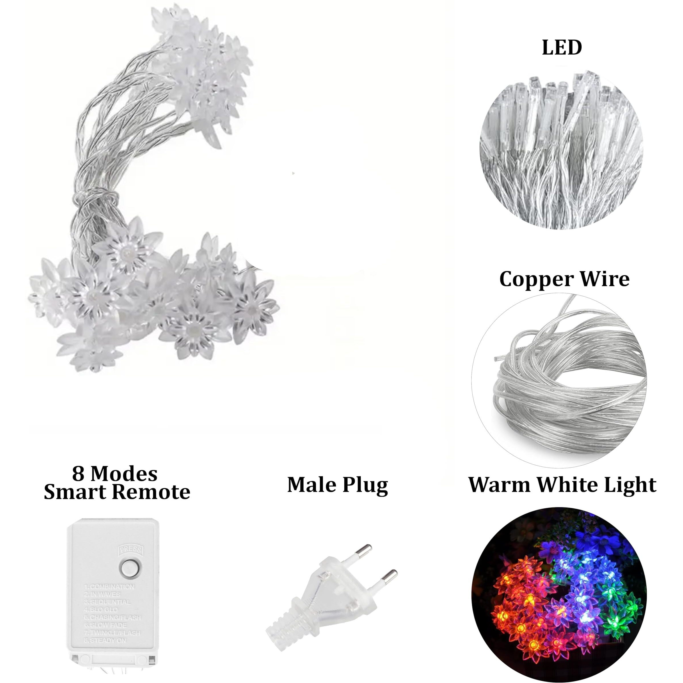 fizzytech Plastic 26 Led Lotus Flower Decoration Lights Plug In Fairy String Lights Diwali Christmas, Lights Of Home Decoration4 Meter 26 Led Multicolor
