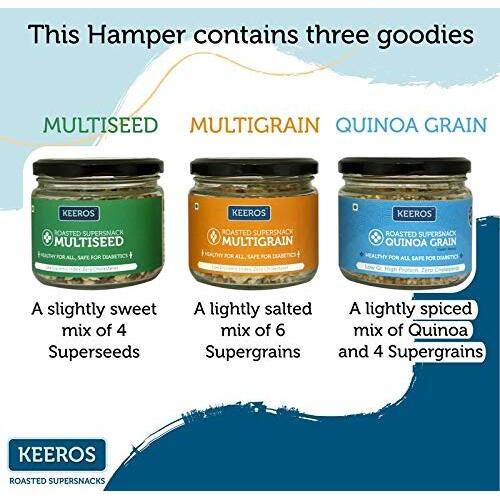 Keeros Healthy Diwali Gourmet Gift Hamper  Combo of Sweet & Salted, Tasty & Nutritious Roasted Super Snacks in Beautiful Glass Jars Packed in a Premium Gift Box | A Perfect Diwali Gift Item