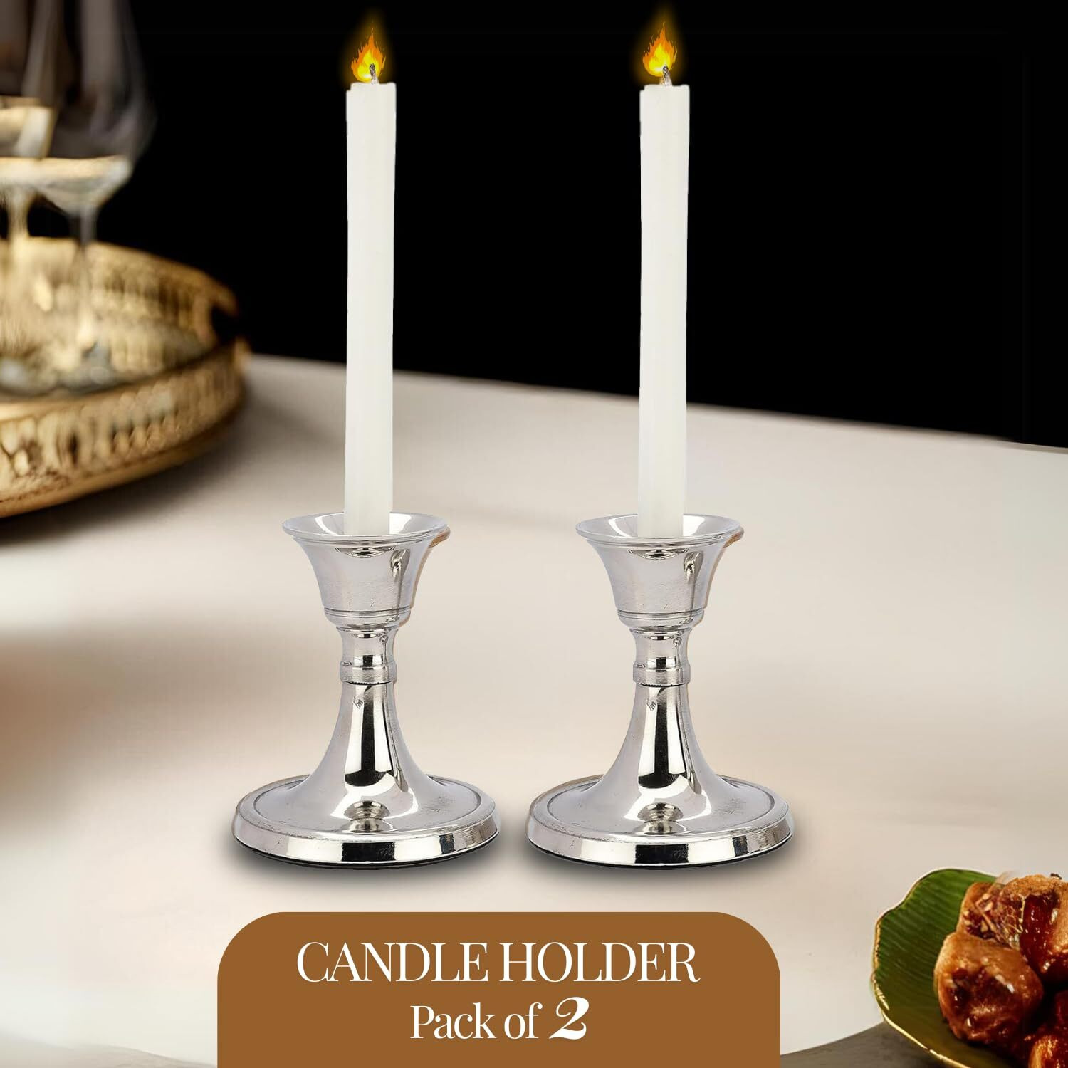 PURESTORY Candle Holder | Candle Holders for Home Decoration | Heat Resistance with Aesthetic Appeal | Best for Gifting & Diwali Decoration | Silver Metal Candle Stand | Size - 3.5 Inch | Pack of 2