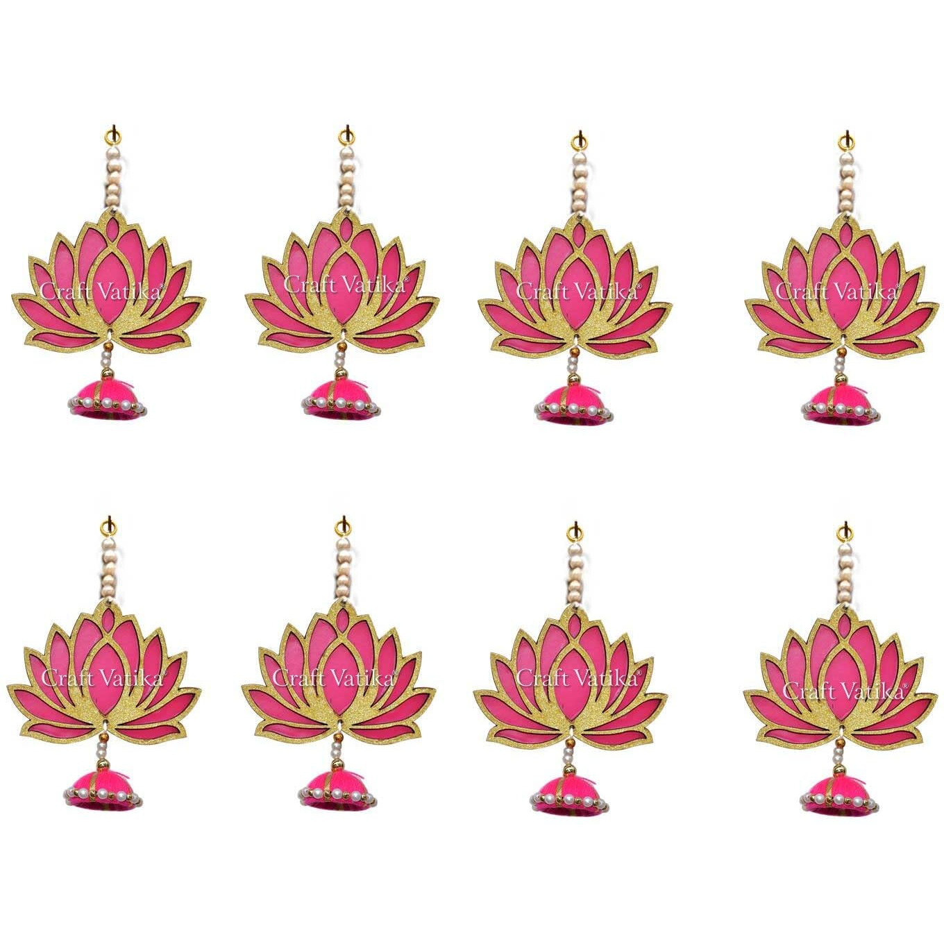 CraftVatika Pack of 8 Lotus Hangings Latkans Wall Decor Items for Decoration Set MDF Pack of 8, Handmade Lotus Jhumki for Wedding Temple Diwali Decorations (Golden, 8 Pieces)