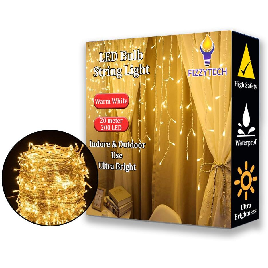 fizzytech String Lights of Home Decoration Diwali Light for Party Birthday Diwali Christmas Navratri Valentine Gift Home Decoration Lights of Home D ecoration(20 Meter 200 LED, Warm White)
