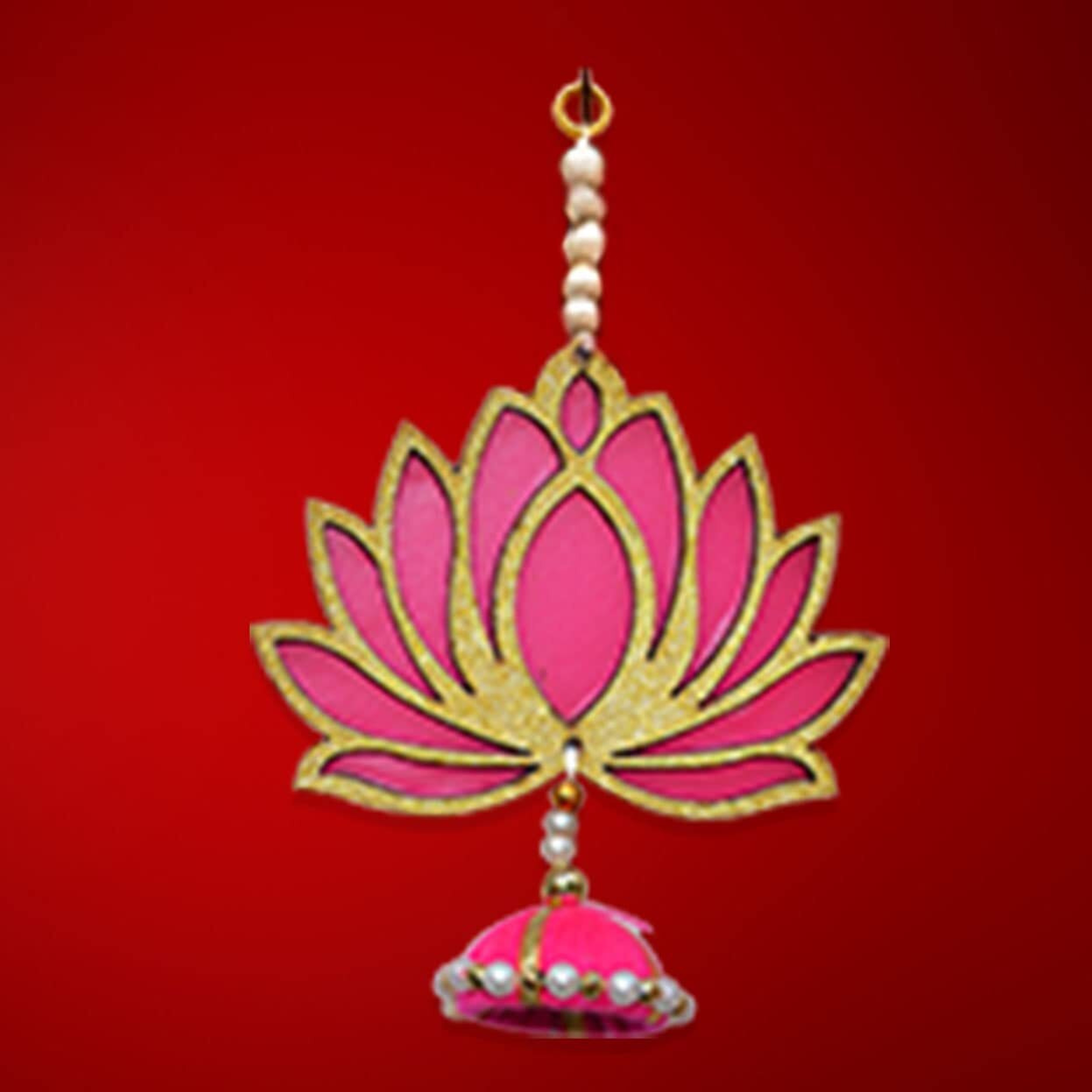 CraftVatika Pack of 1 Lotus Hangings Latkans Wall Decor Items for Decoration Set MDF Pack of 1, Handmade Lotus Jhumki for Wedding Temple Diwali Decorations (Golden, Pieces) (1 Pieces)