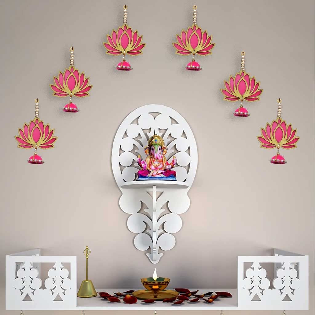 CraftVatika Pack of 1 Lotus Hangings Latkans Wall Decor Items for Decoration Set MDF Pack of 1, Handmade Lotus Jhumki for Wedding Temple Diwali Decorations (Golden, Pieces) (1 Pieces)