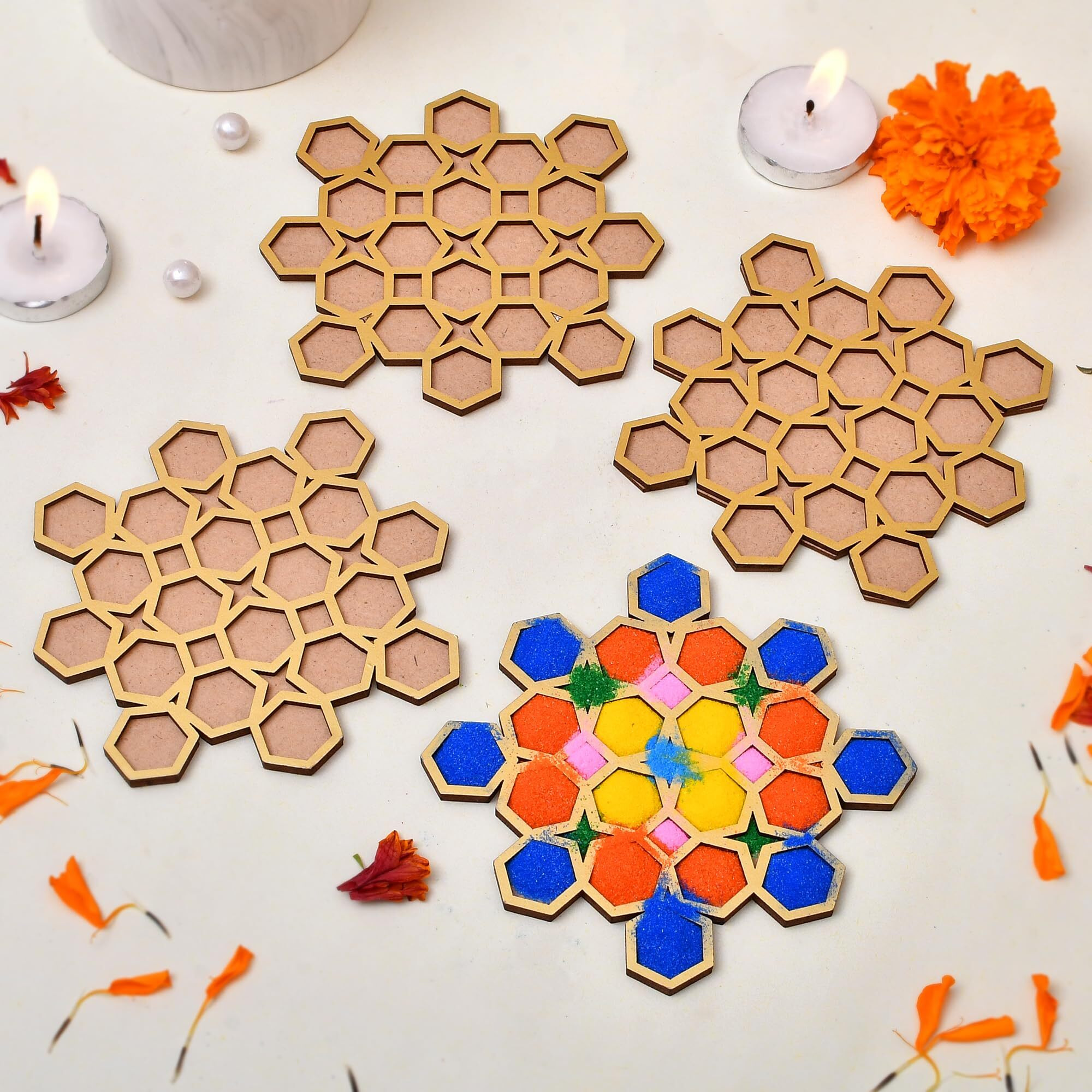 Rangoli Making Tools Kit, Rangoli Template for Diwali Decor, Reusable Island Poratable Floating Rangoli Waterproof Rangoli Templete, Diwali Decoration Item for Home Office (Set of 4)