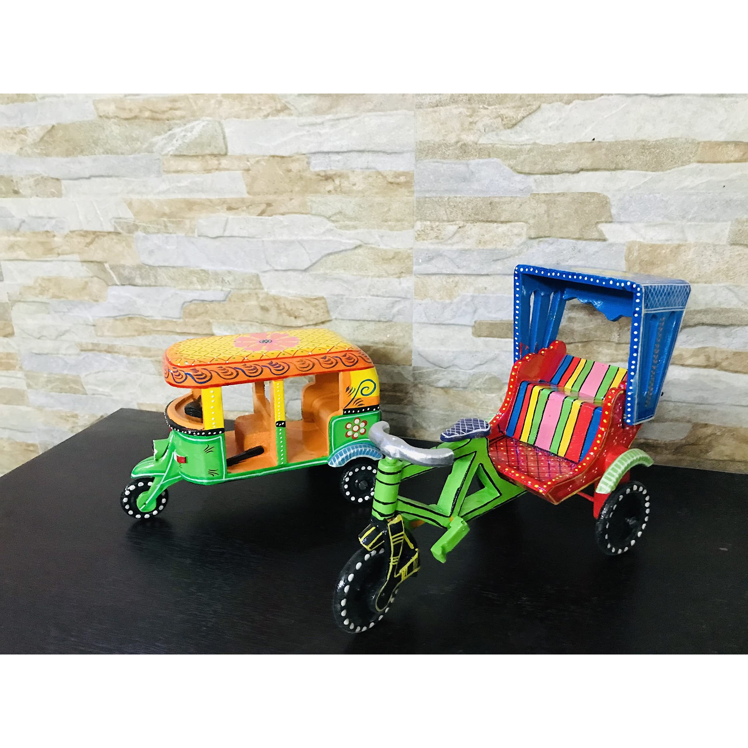 Bobo Handpainted Handcrafted Wooden Rickshaw Combo Pack- Auto Rickshaw + Cycle Rickshaw Wooden Showpiece, Home Decor, Diwali Gift, Souvenir Gift, Multicolor Toy - Pack Of 2, Kid