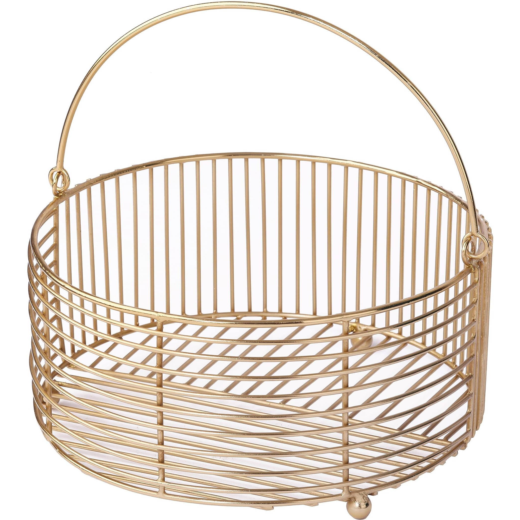 Craft Brio -A TRENDY HANDICRAFTS Round Metal Gold Plated Decorative Wire Basket Diwali Gift Hamper Storage Fruit Vegetable Organizer With Handle-Size 9.5 inches Dia