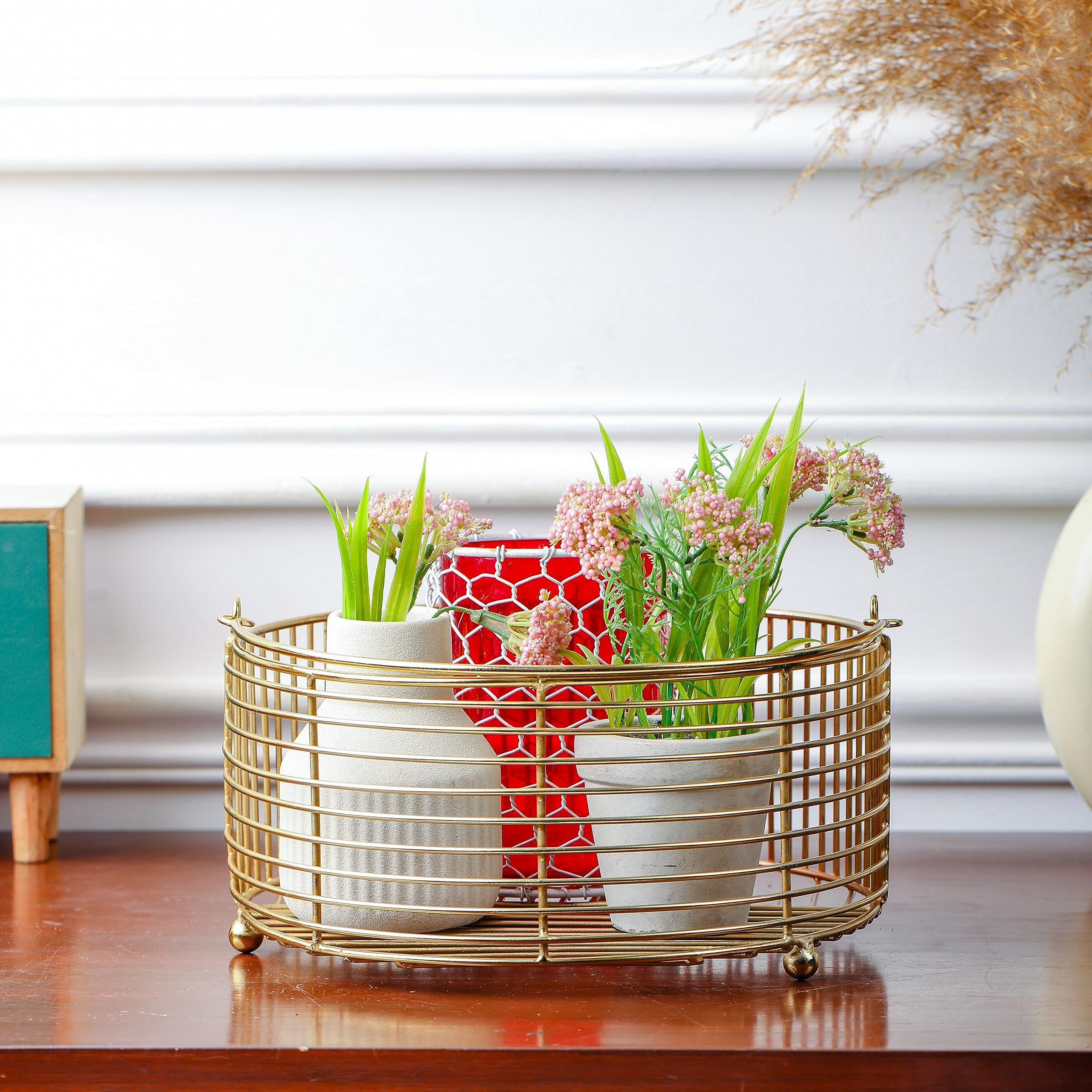 Craft Brio -A TRENDY HANDICRAFTS Round Metal Gold Plated Decorative Wire Basket Diwali Gift Hamper Storage Fruit Vegetable Organizer With Handle-Size 9.5 inches Dia
