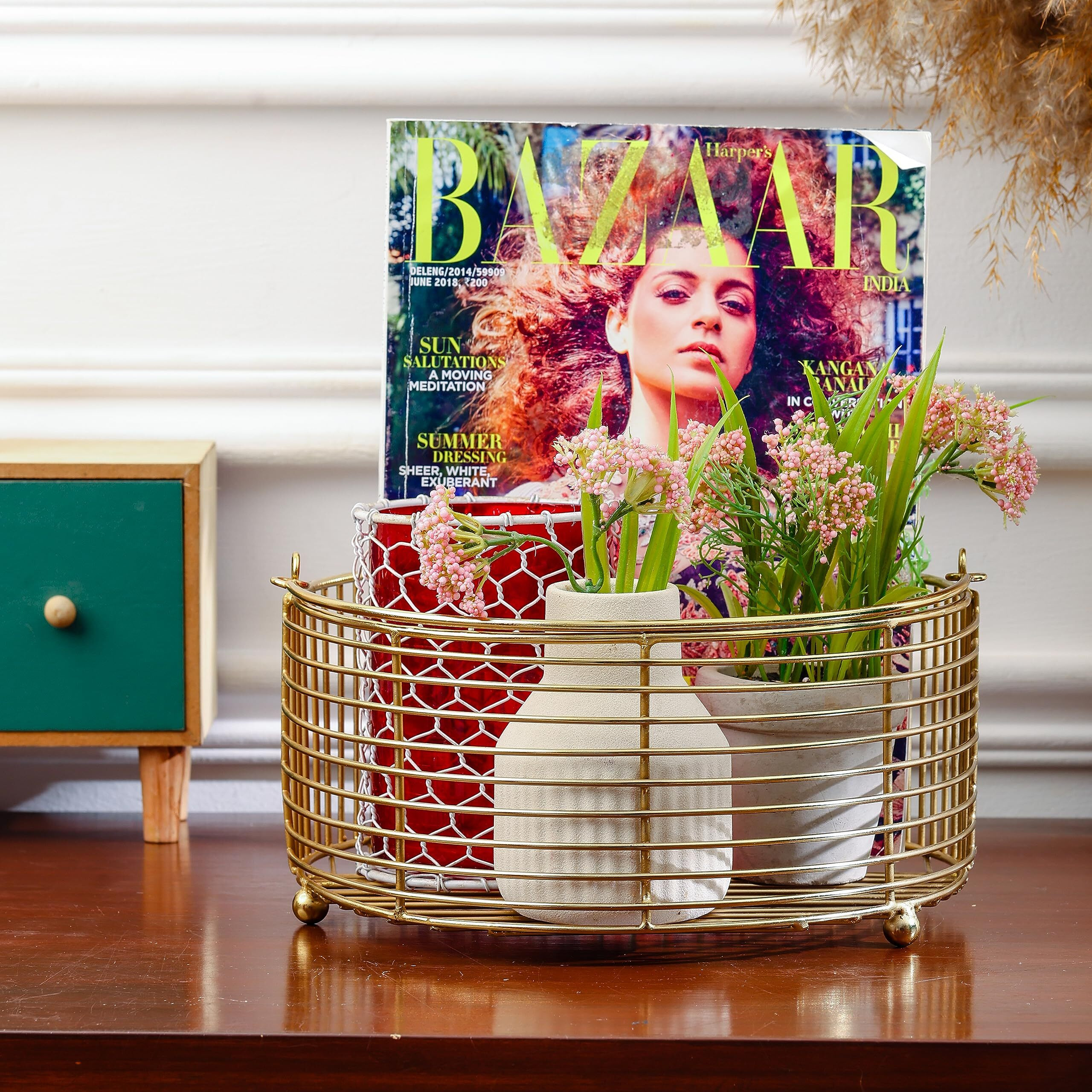 Craft Brio -A TRENDY HANDICRAFTS Round Metal Gold Plated Decorative Wire Basket Diwali Gift Hamper Storage Fruit Vegetable Organizer With Handle-Size 9.5 inches Dia