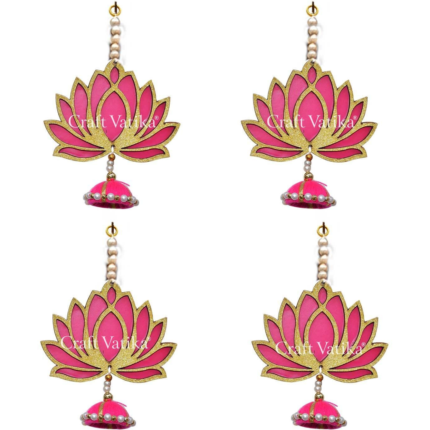 CraftVatika Lotus Hangings Latkans Wall Decor Items for Decoration Set MDF Pack of 4, Handmade Lotus Jhumki for Wedding Temple Diwali Decorations (Golden, 4 Pieces)