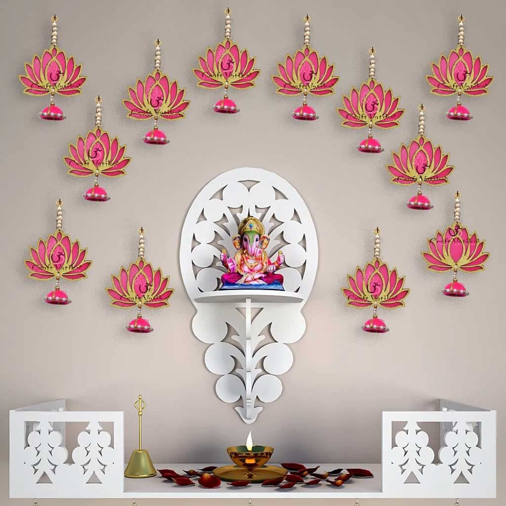 CraftVatika Pack of 12 Lotus Hangings Latkans Wall Decor Items for Decoration Set MDF Pack of 12, Handmade Lotus Jhumki for Wedding Temple Diwali Decorations (Golden, 12 Pieces)