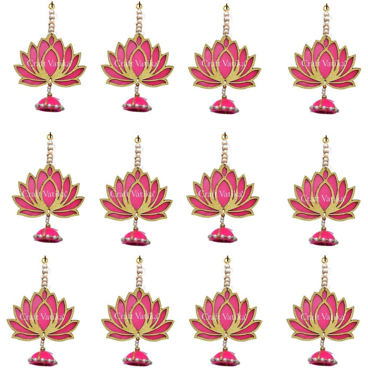 CraftVatika Pack of 12 Lotus Hangings Latkans Wall Decor Items for Decoration Set MDF Pack of 12, Handmade Lotus Jhumki for Wedding Temple Diwali Decorations (Golden, 12 Pieces)