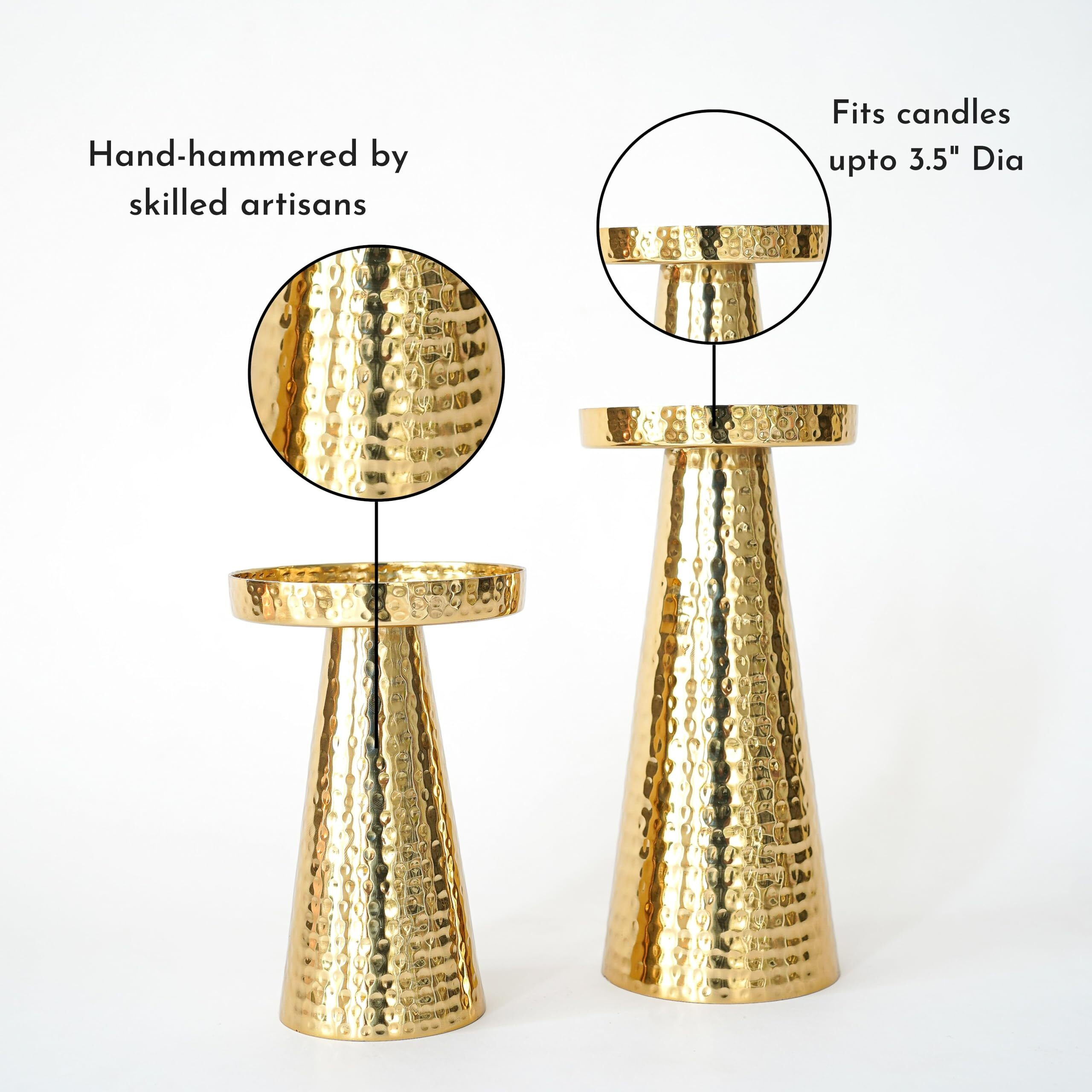 Behoma Handcrafted Hammered Metal Pillar Candle Holders, Wedding Centerpieces Metal Candle Holder | Candle Stand for Diwali Festival, Home Decor, Table Decoration, Gift | Colour Golden Set of 2
