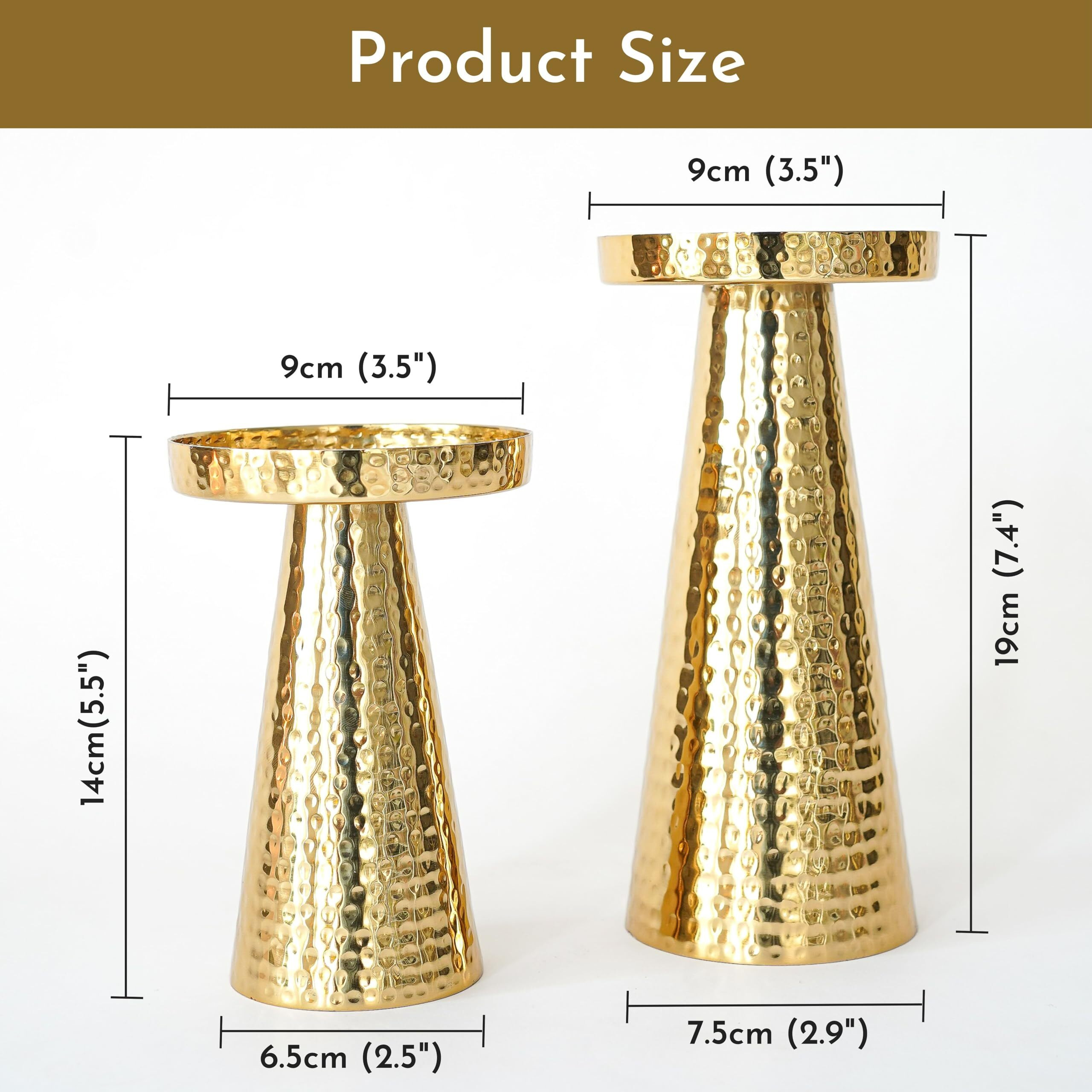 Behoma Handcrafted Hammered Metal Pillar Candle Holders, Wedding Centerpieces Metal Candle Holder | Candle Stand for Diwali Festival, Home Decor, Table Decoration, Gift | Colour Golden Set of 2