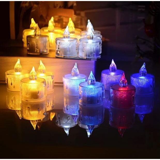 True Decor 24PC Acrylic Flameless & Smokeless Melted Design Crystal LED Candles for Home Decoration||LED Tealight Candles for Christmas & Diwali Pack of 24 (Multicolor)