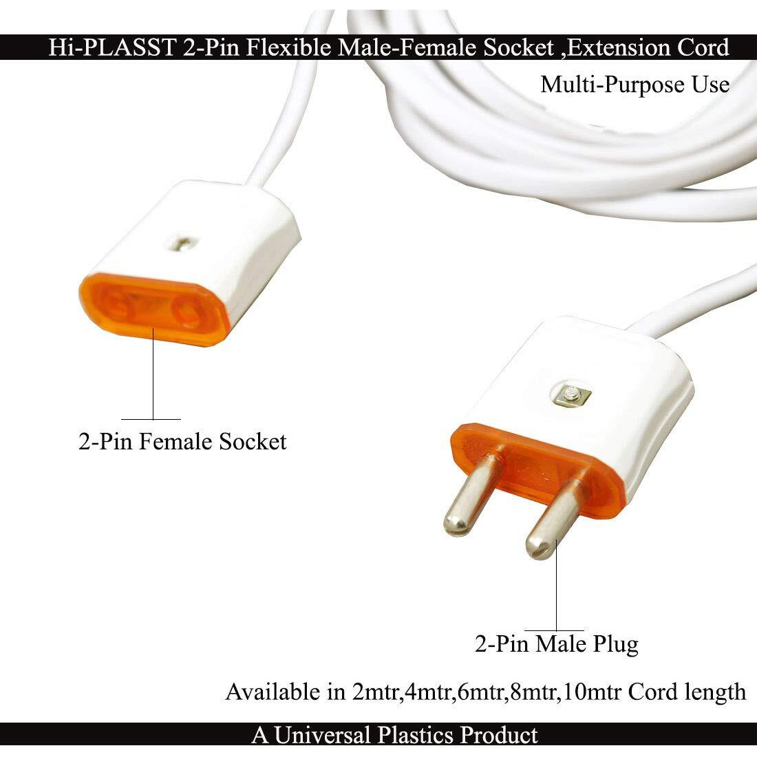 Hi-PLASST 2-Pin Flexible Male-Female Socket,Flat Wire,Extension Cord for Multipurpose Use,Festive Decorations,Diwali,Christmas,etc (8mtr)
