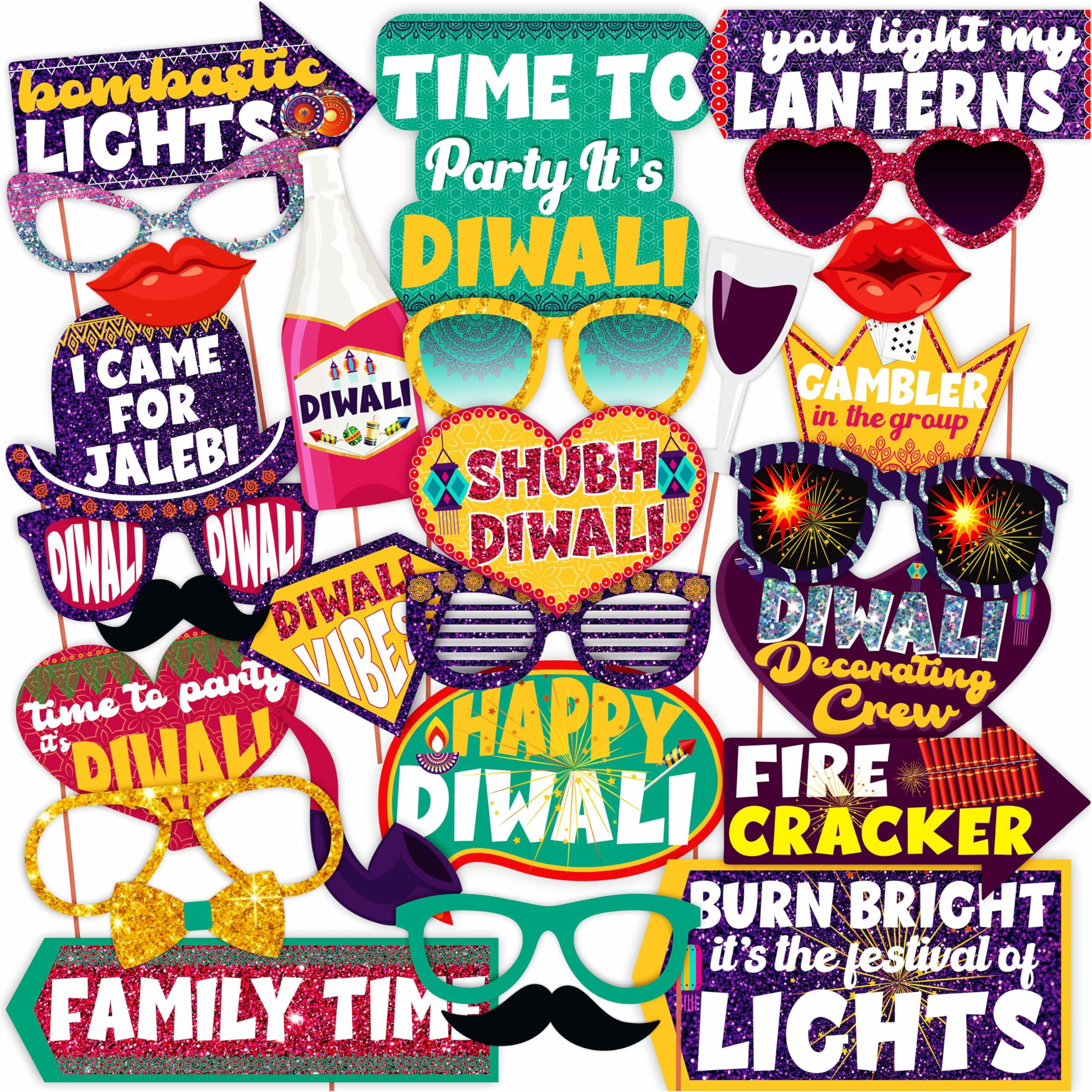 WOBBOX Diwali Decoration Happy Diwali Photo Booth Party Props, Yellow & Purple Colour, Diwali Decoration Item, Diwali Dcor Items (29 Pcs)