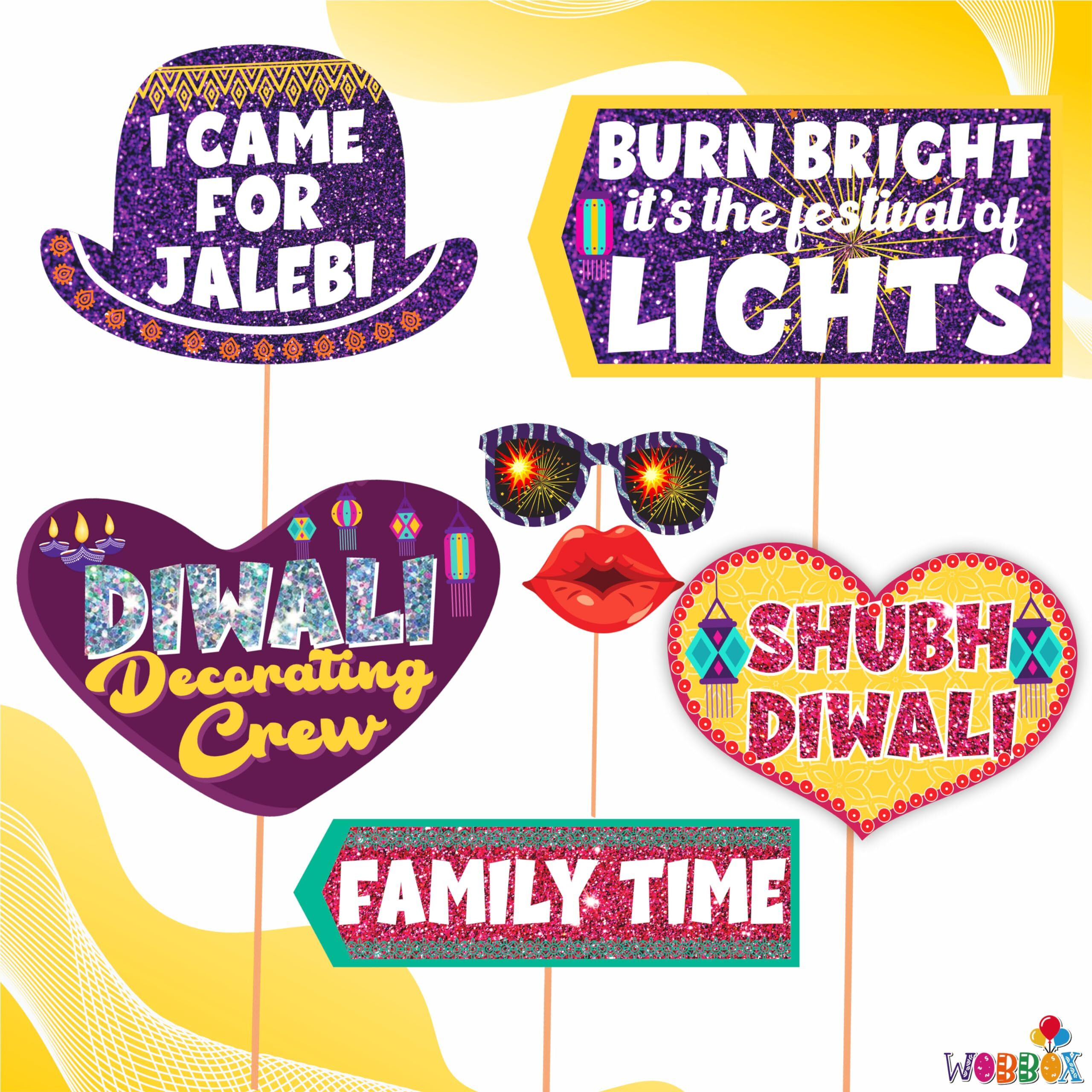 WOBBOX Diwali Decoration Happy Diwali Photo Booth Party Props, Yellow & Purple Colour, Diwali Decoration Item, Diwali Dcor Items (29 Pcs)