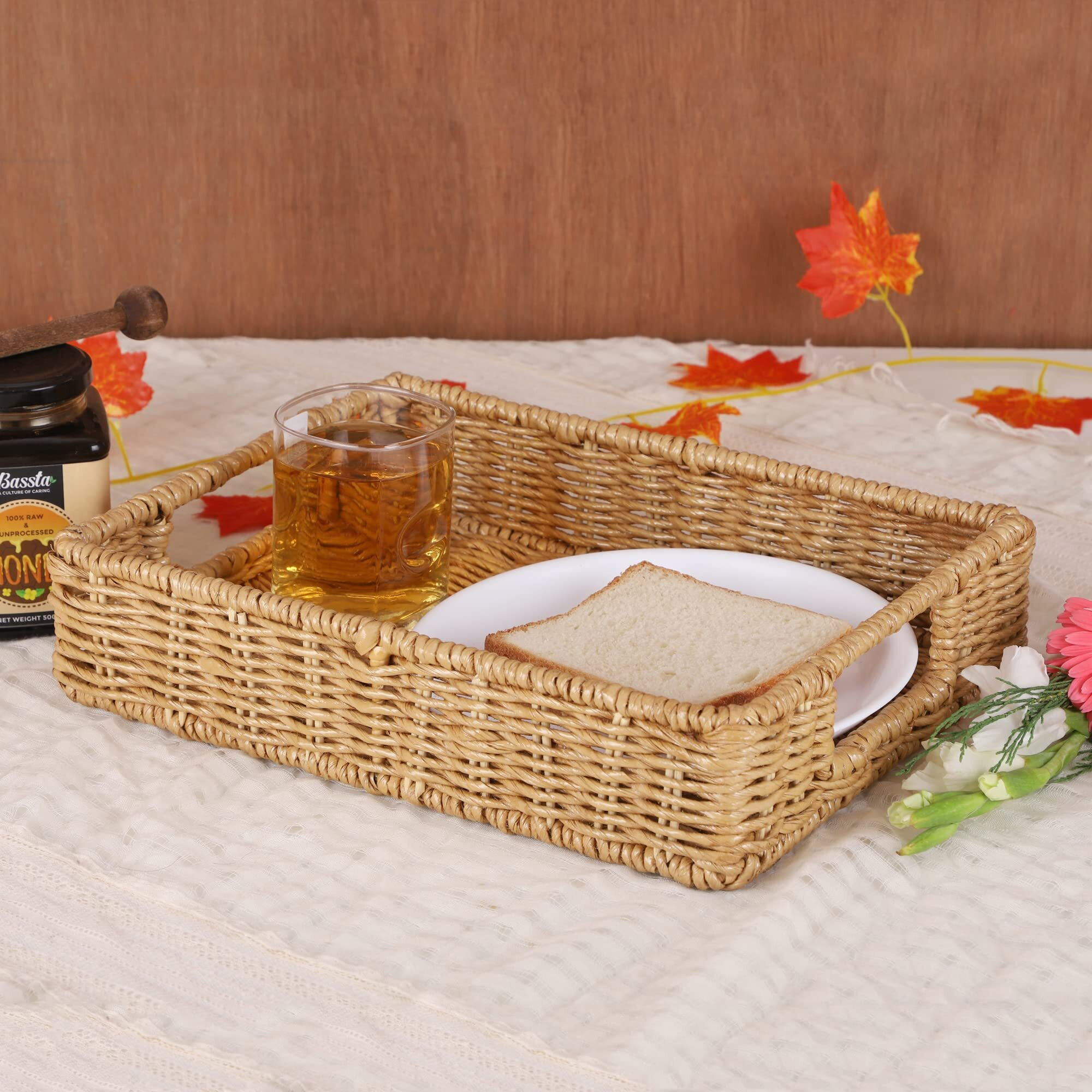 AKWAY Wicker Seagrass Water Hyacinth Kauna Grass Serving Round Tray Serving Tray For Home|Dining Table Decorative Trays|Serving Tray|Platter With Handles Diwali Or Deepawali Gifts|11X8X3,Beige