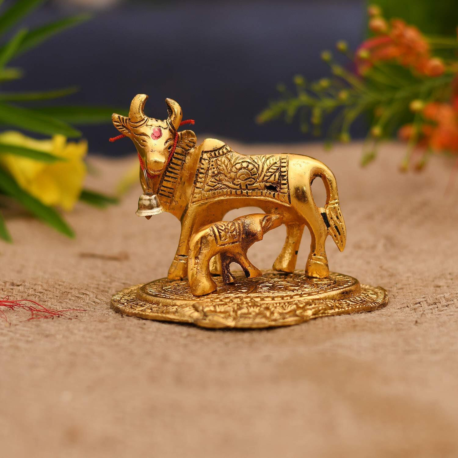 Collectible India Kamdhenu Cow with Calf Metal Statue Figurine Decorative Gift Item Showpiece for Home Decor - Diwali Decorations Religious Items for Home (Set of 10)