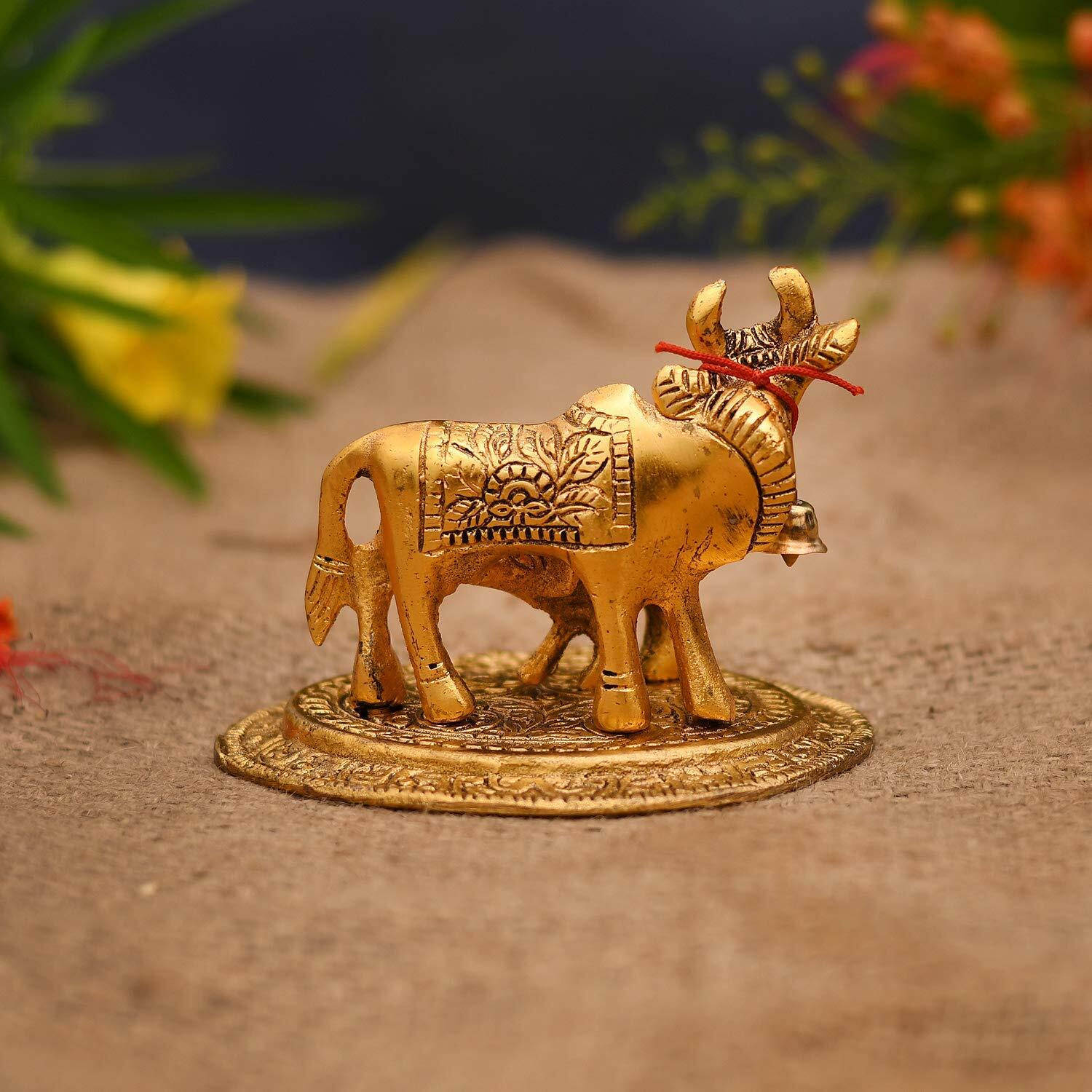 Collectible India Kamdhenu Cow with Calf Metal Statue Figurine Decorative Gift Item Showpiece for Home Decor - Diwali Decorations Religious Items for Home (Set of 10)