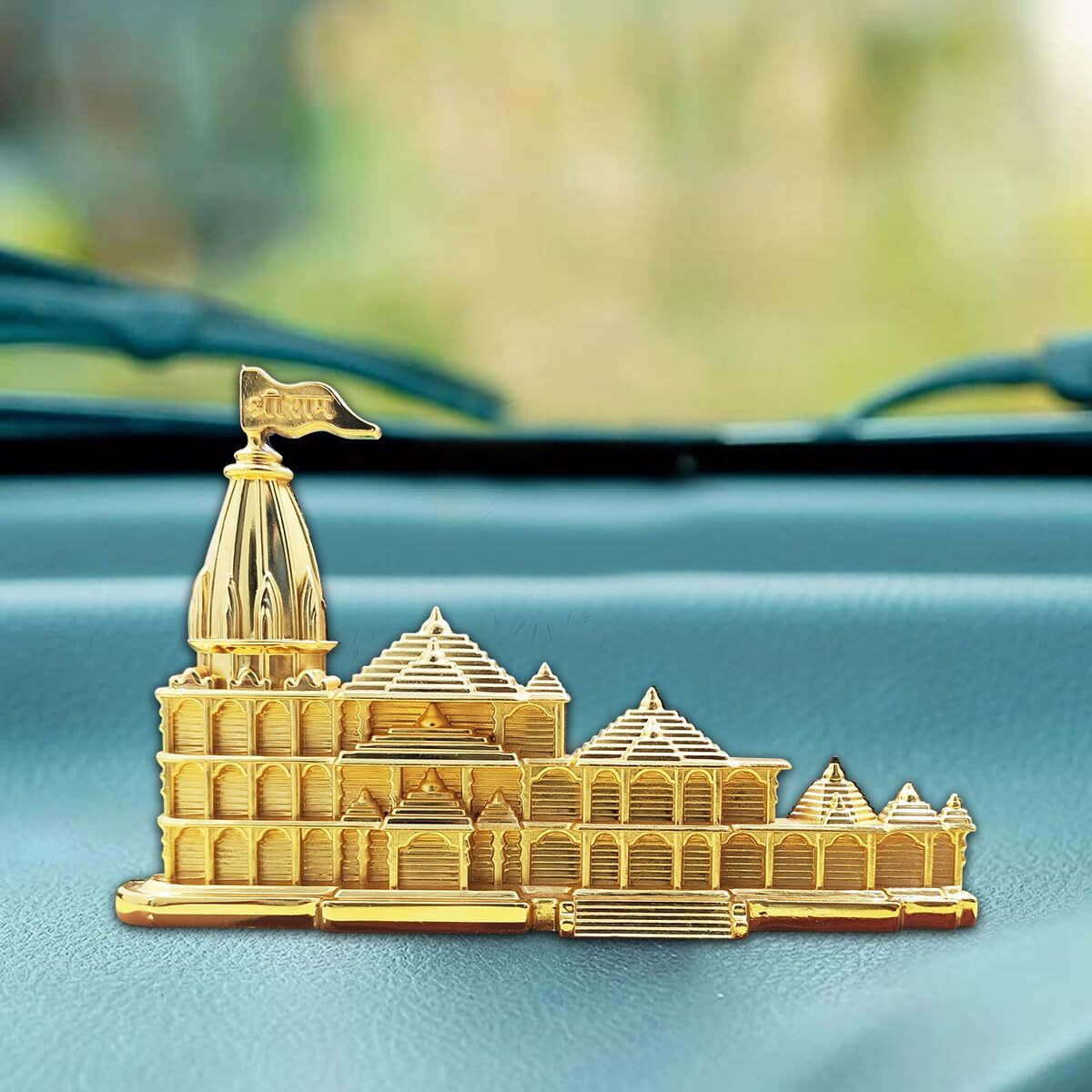 Saugat Traders Shri Ram Mandir Model for Car Dashboard Small Size | Metal Showpiece Gold Plated | Diwali Gifts | Spiritual | Good Luck | Gift Item -Golden Color