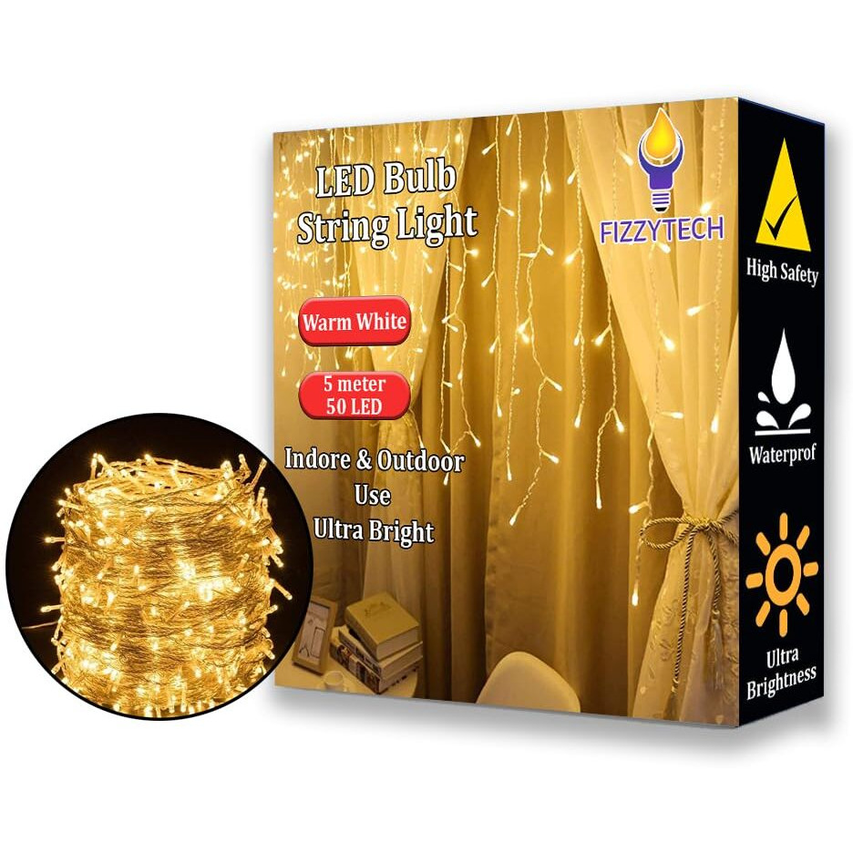 fizzytech Plastic Led Bulbs String Led Lights for Home Decoration for Diwali Flameless & Smokeless Led Lights, Lights of Home Decoration(Warm White 5 Meter 50 Led)