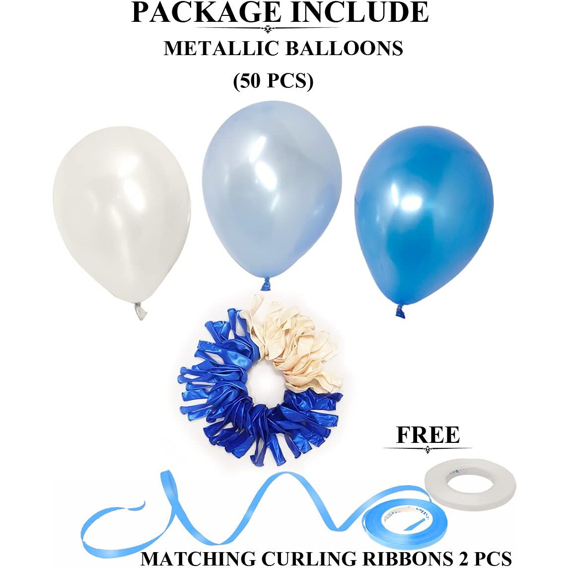 AMFIN 10 Inch Beautiful Royal Metallic Balloons for Weddings, Engagement, Baby Shower, 1st Birthday, Anniversary Party, Bachelors Party, Office Party, Diwali (50, Blue, White And Light Blue)