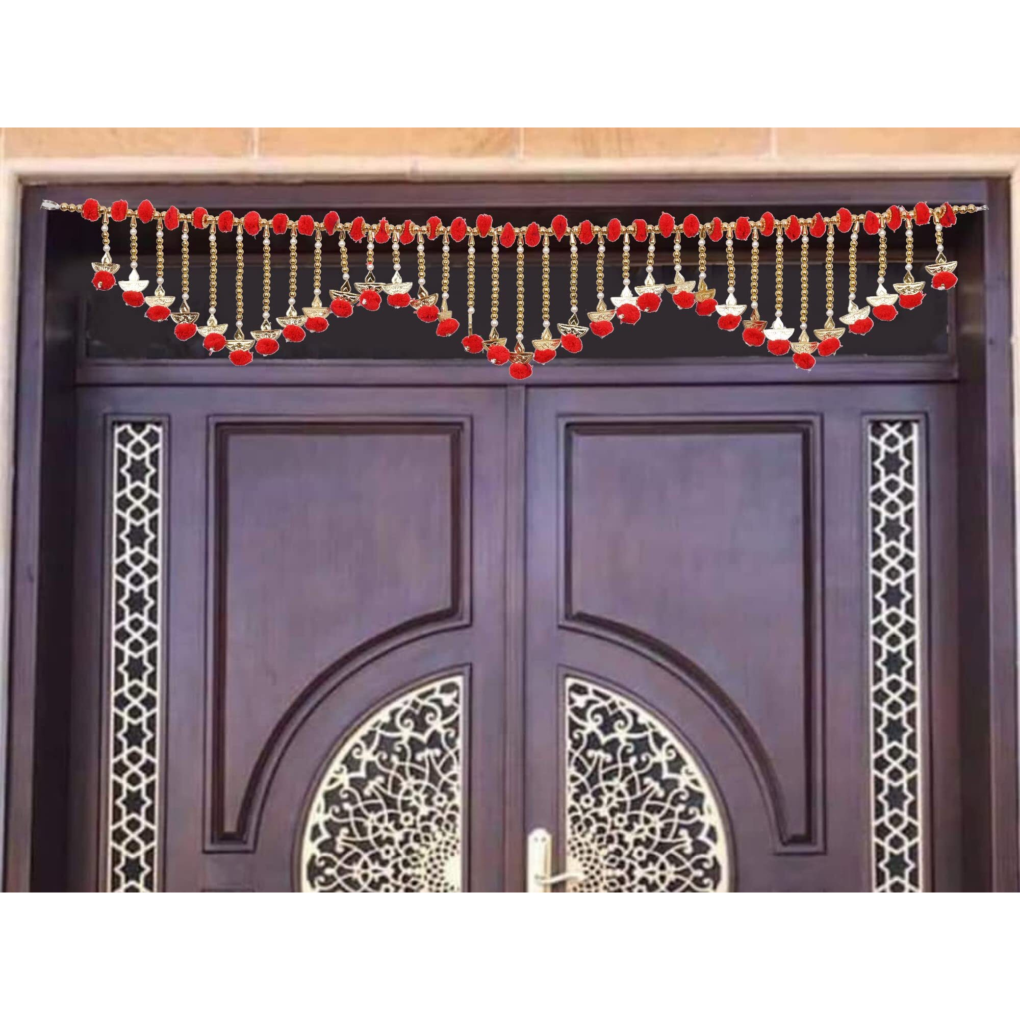 Toran for Door Toranam Jumar for Diwali Decoration Golden and Red Color Toran for Pooja Room Dia Design Bandarwal Pompom Bandhanwar (Size 41 Inches x 5 Inches)