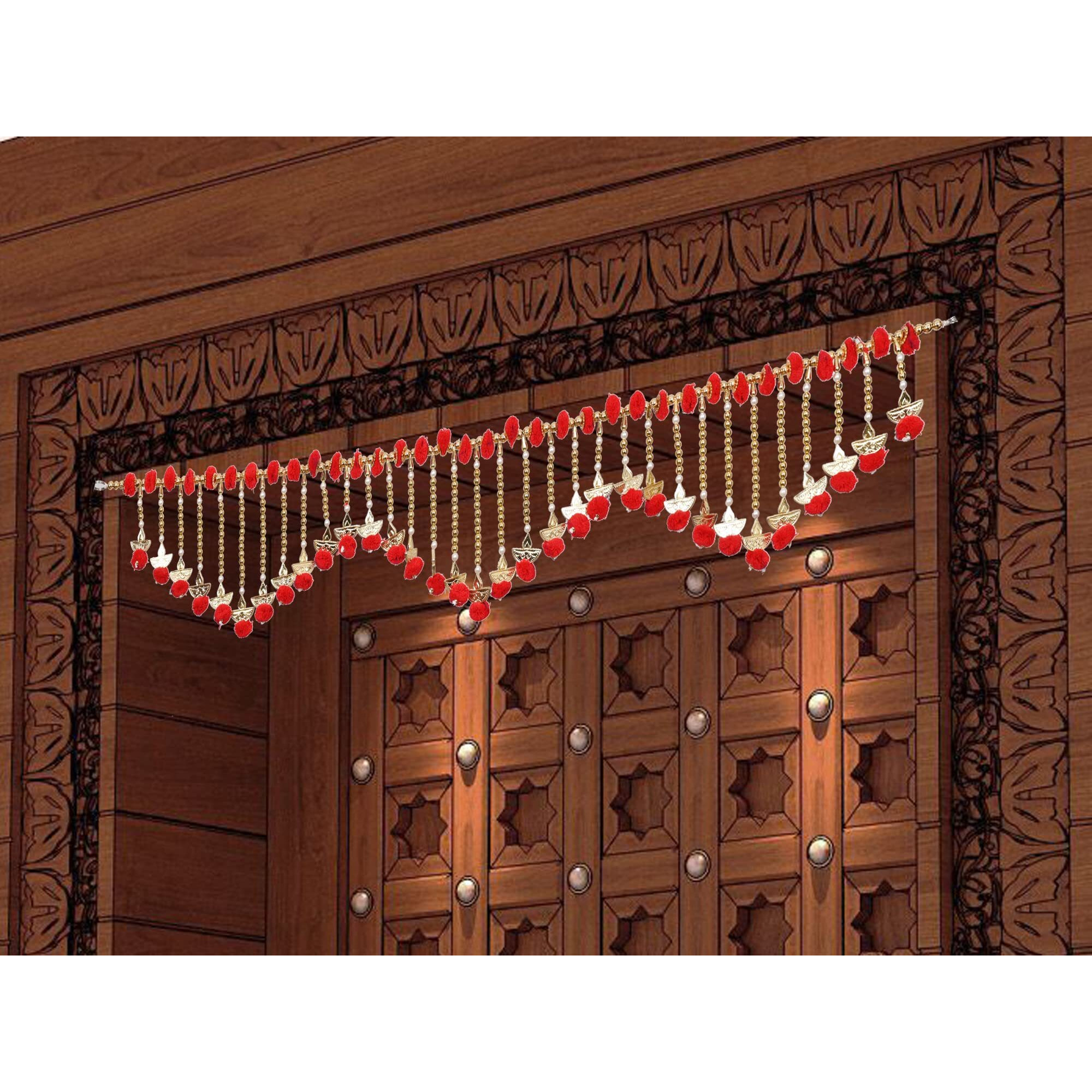 Toran for Door Toranam Jumar for Diwali Decoration Golden and Red Color Toran for Pooja Room Dia Design Bandarwal Pompom Bandhanwar (Size 41 Inches x 5 Inches)