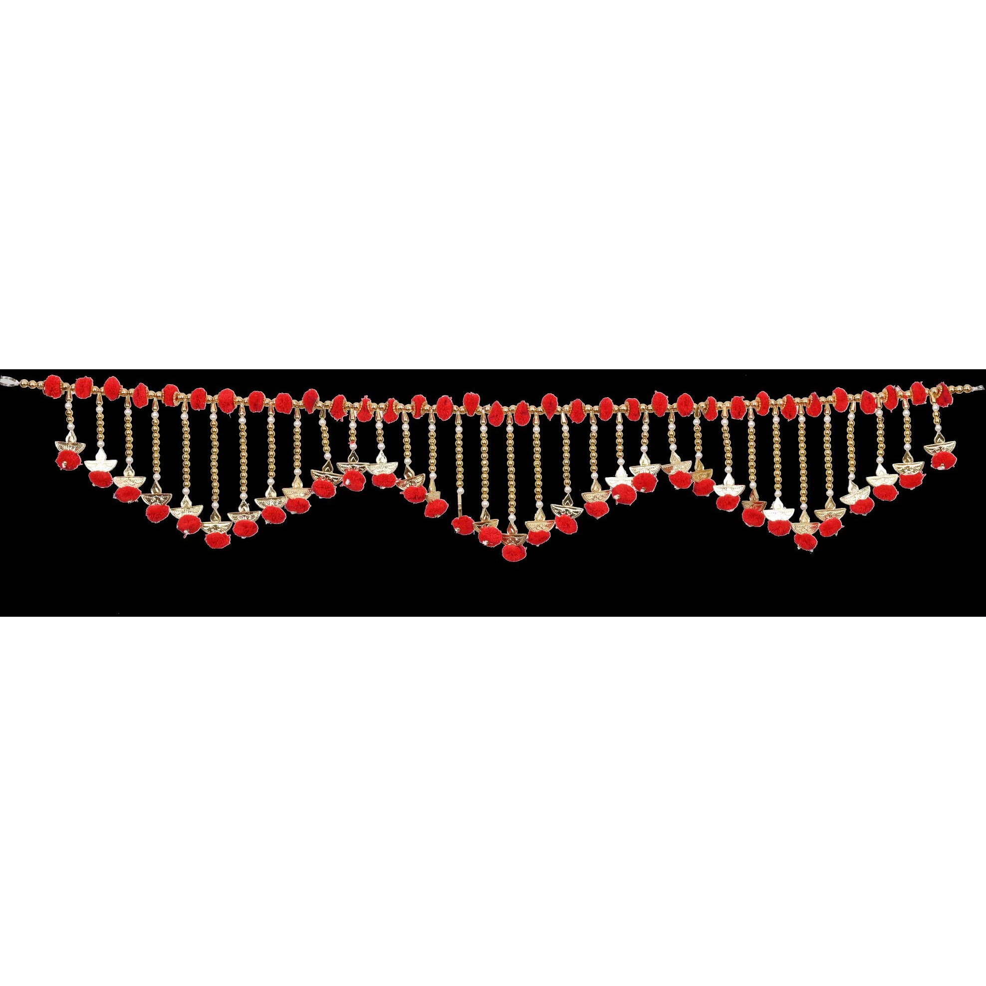 Toran for Door Toranam Jumar for Diwali Decoration Golden and Red Color Toran for Pooja Room Dia Design Bandarwal Pompom Bandhanwar (Size 41 Inches x 5 Inches)