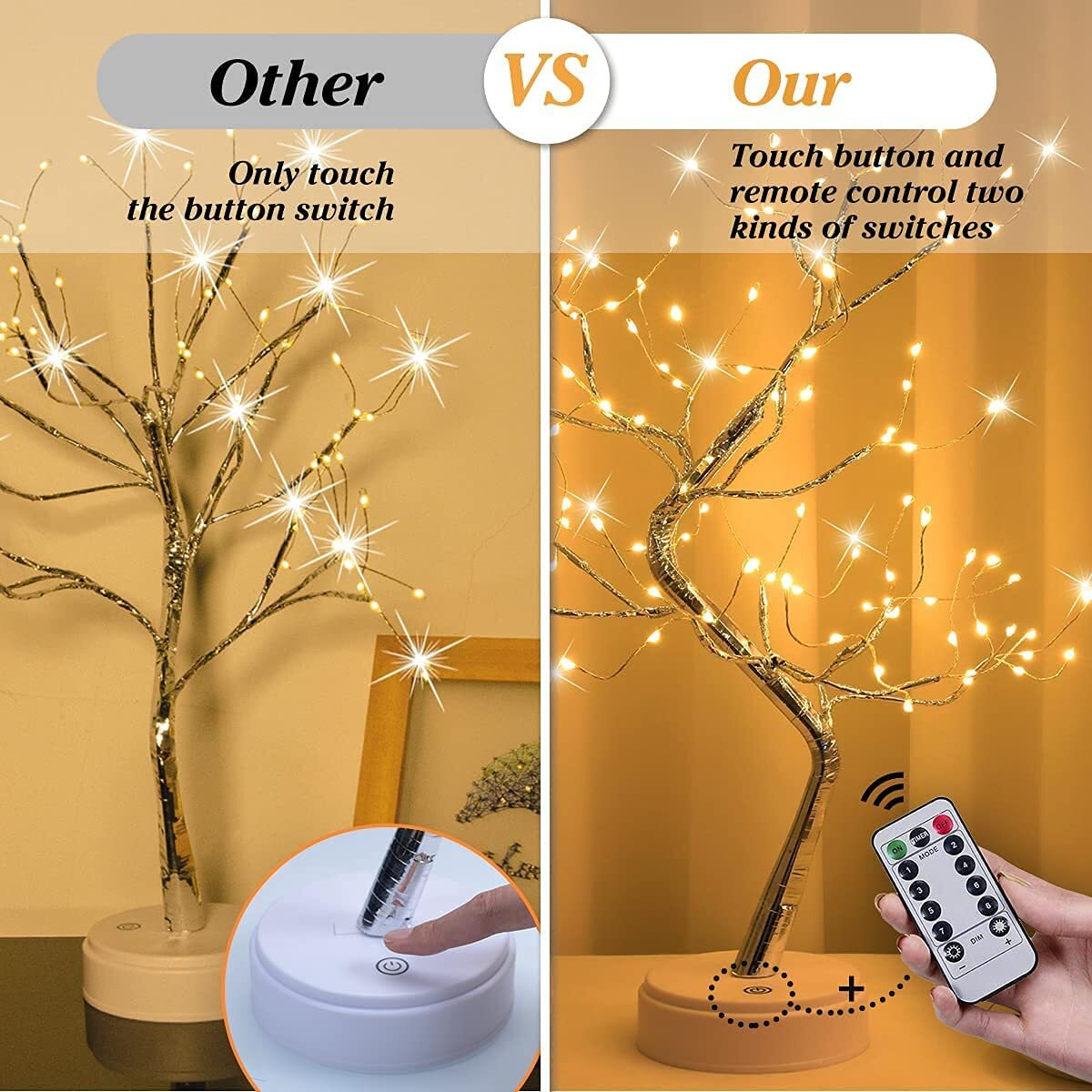 CORAL TREE 20Inch Decorative Bonsai LED Lights Table Lamp for Diwali Christmas Wedding for Living Room Indoor Copper Wire - Remote_USB Charger
