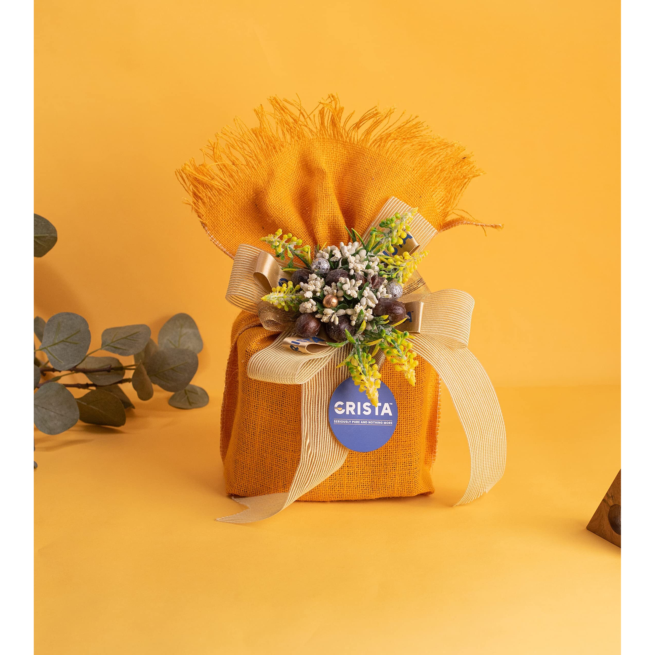 CRISTA Earthy Spice Potli - Yellow | Pack of 4 | Diwali Gift | Tellicherry Black Pepper x 1, 100 gms | Green Cardamom x 1, 100 gms | Cassia x 1, 75 gms | Indian Clove x 1, 100 gms | Zero added Colour | Mothers day Gift