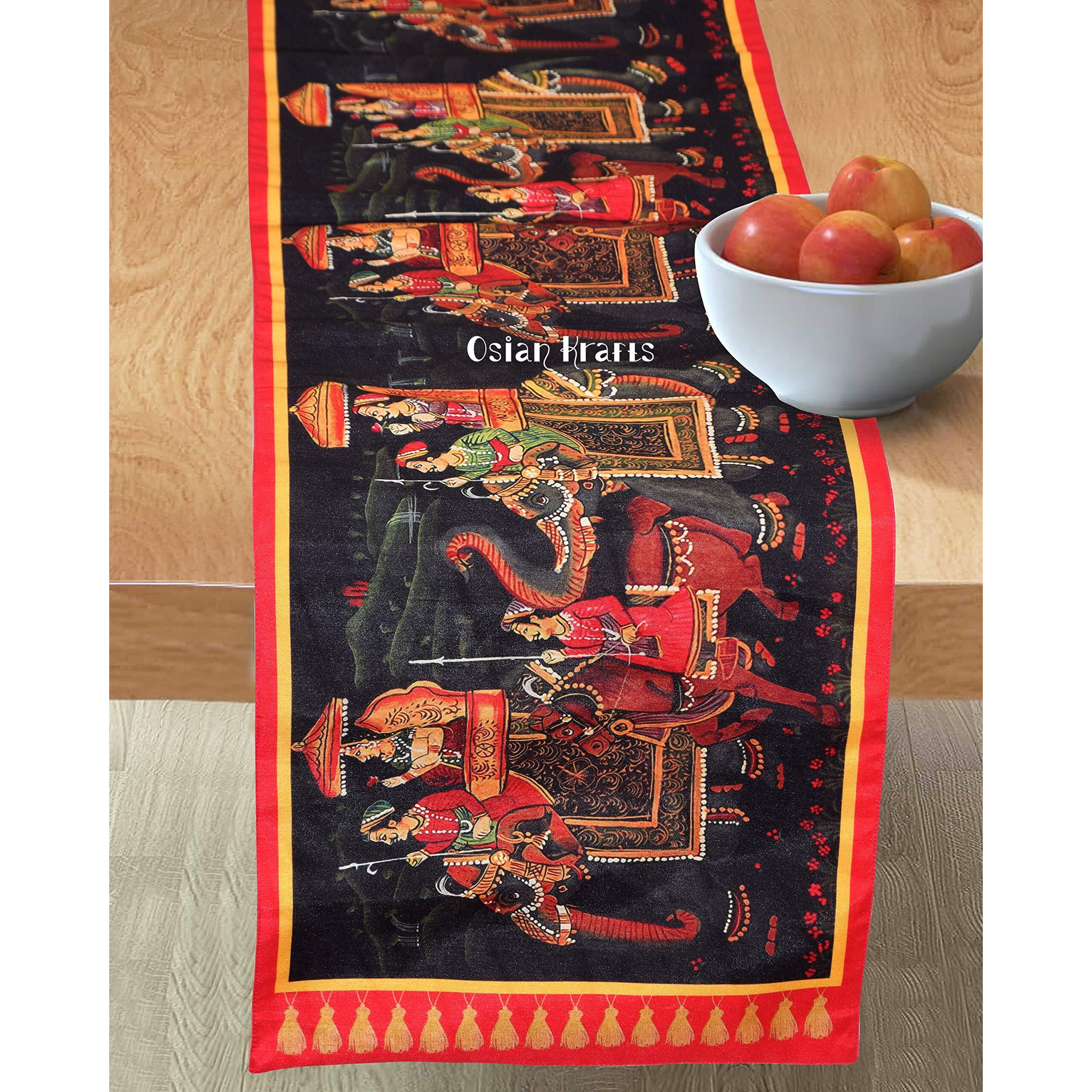 Osian Krafts Diwali Decor Gift Traditional Home Dupion Polyester Silk Digital Printed Multi & Black Elephant Table Runner for Dining Table 6 & 4 Seater Centre Table Top Rectangle | 72x12 Inches