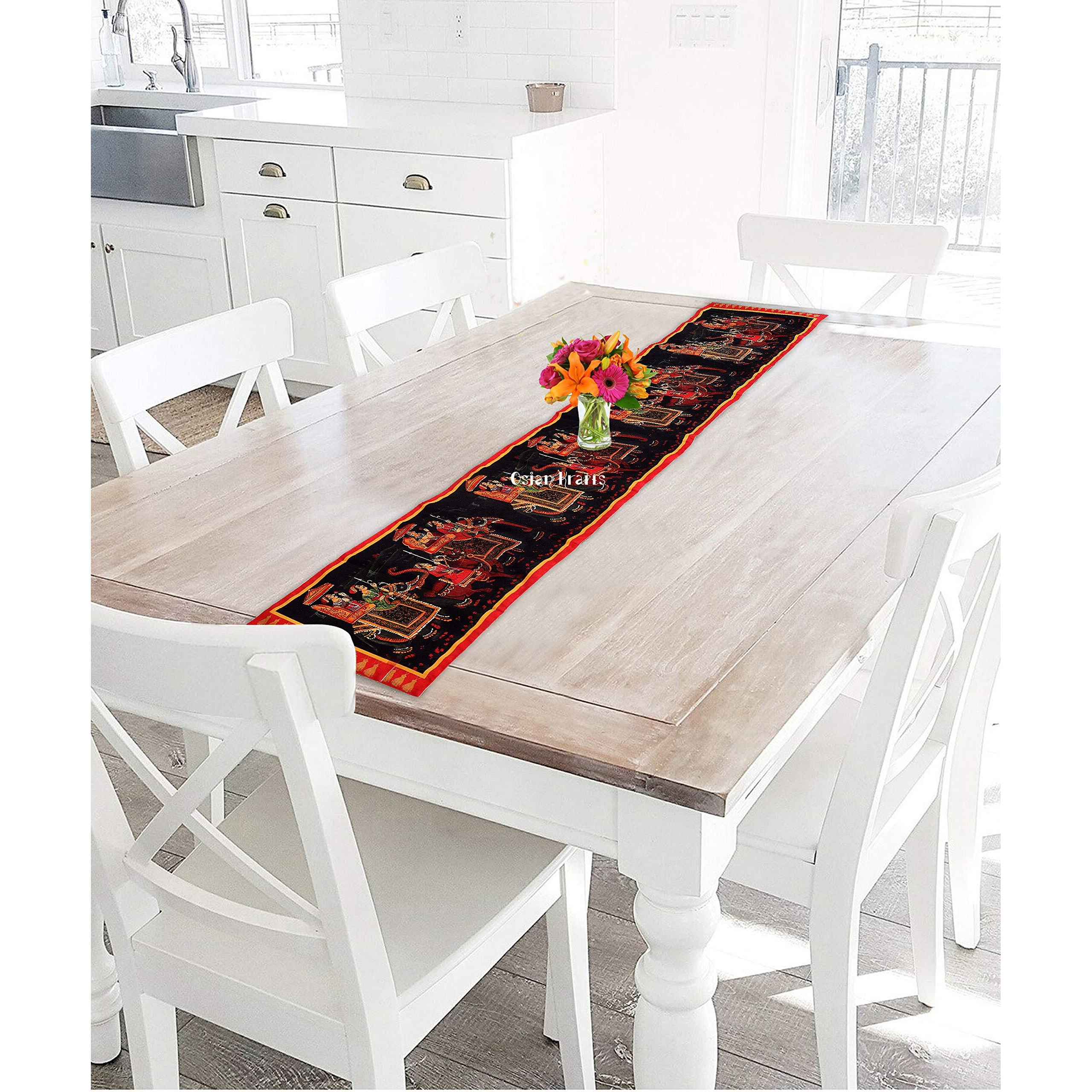 Osian Krafts Diwali Decor Gift Traditional Home Dupion Polyester Silk Digital Printed Multi & Black Elephant Table Runner for Dining Table 6 & 4 Seater Centre Table Top Rectangle | 72x12 Inches
