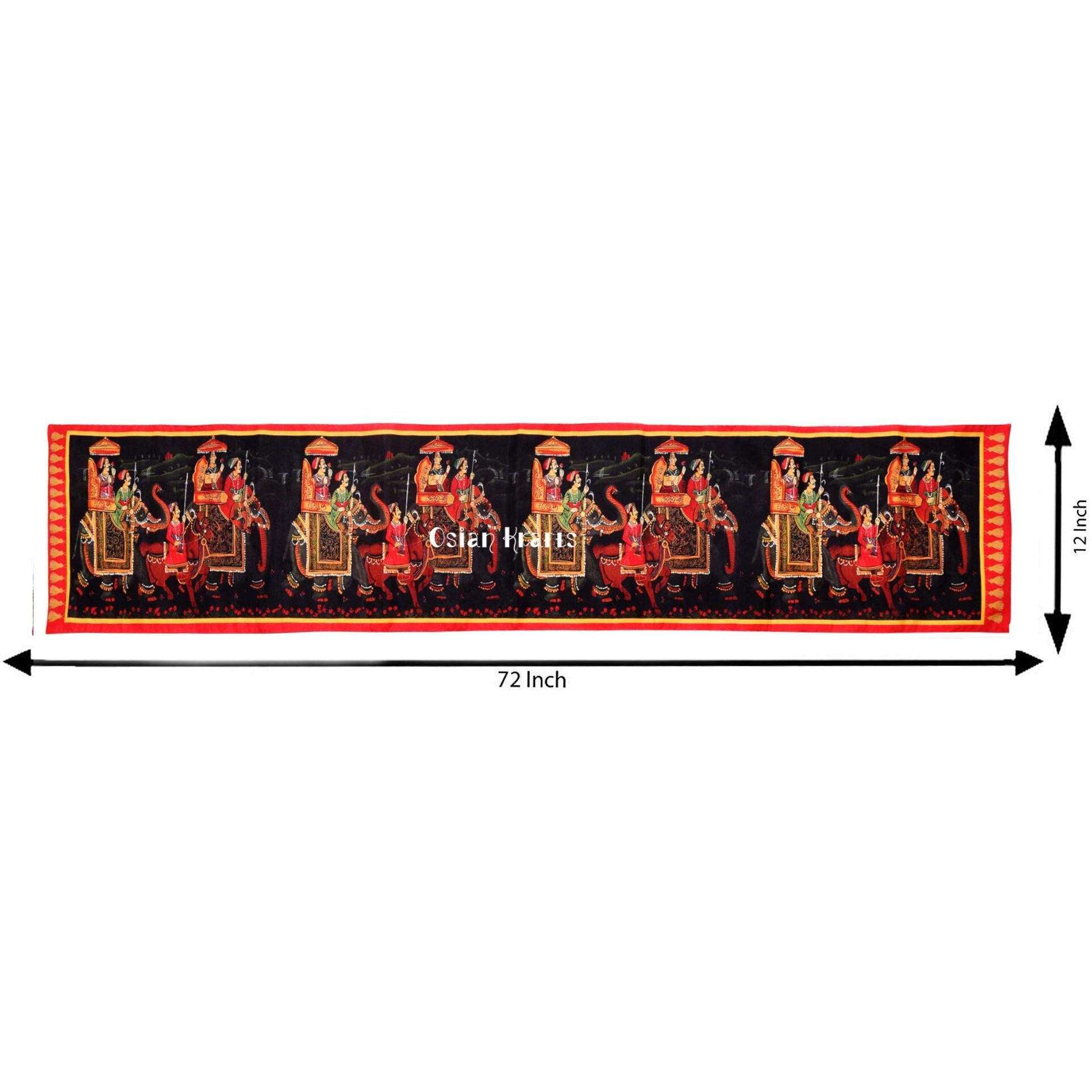 Osian Krafts Diwali Decor Gift Traditional Home Dupion Polyester Silk Digital Printed Multi & Black Elephant Table Runner for Dining Table 6 & 4 Seater Centre Table Top Rectangle | 72x12 Inches