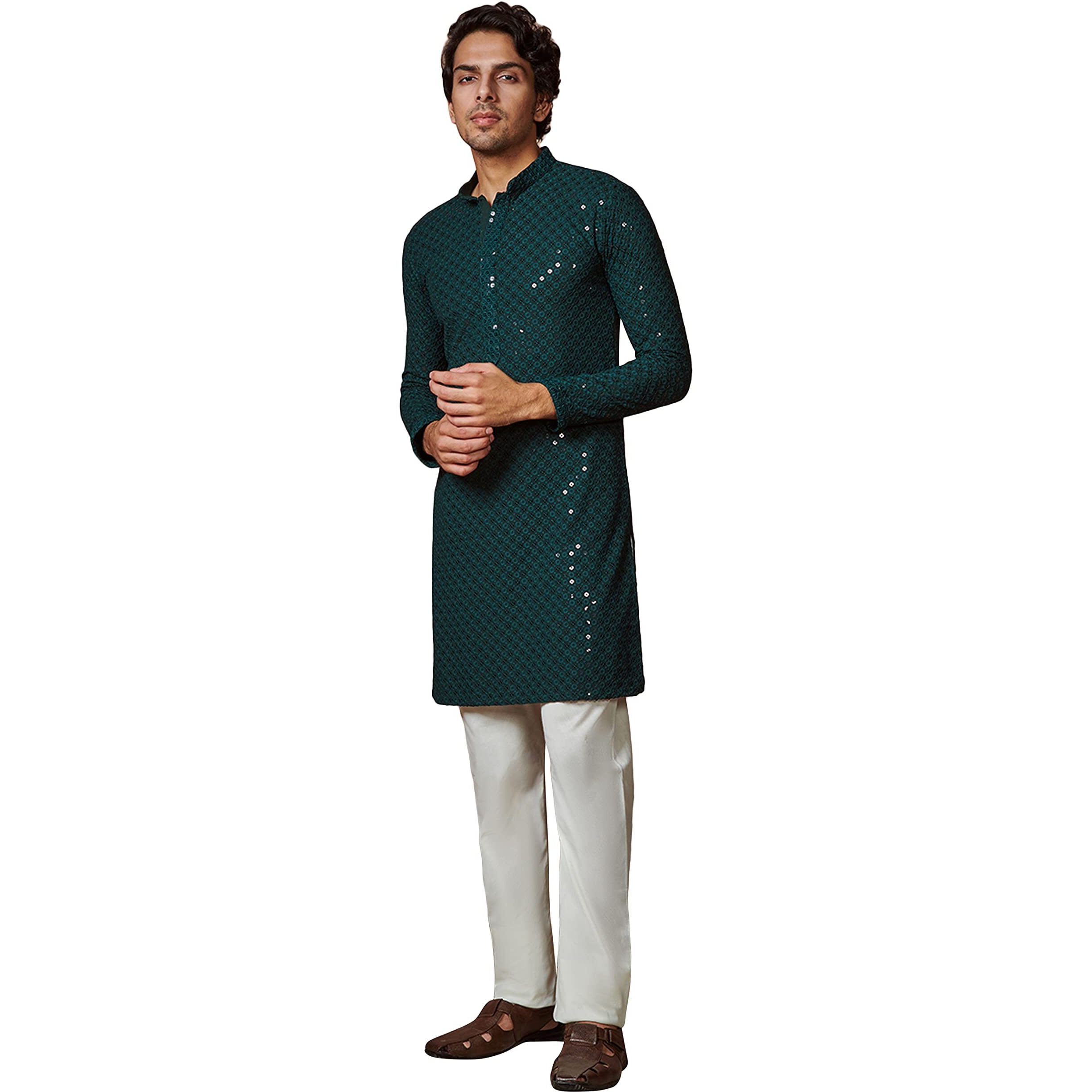Manyavar Kurta Set for Men, Full Sleeves Mandarin Collar Ethnic Kurta Set for Diwali, Wedding, Party Embroidery (Green, M)