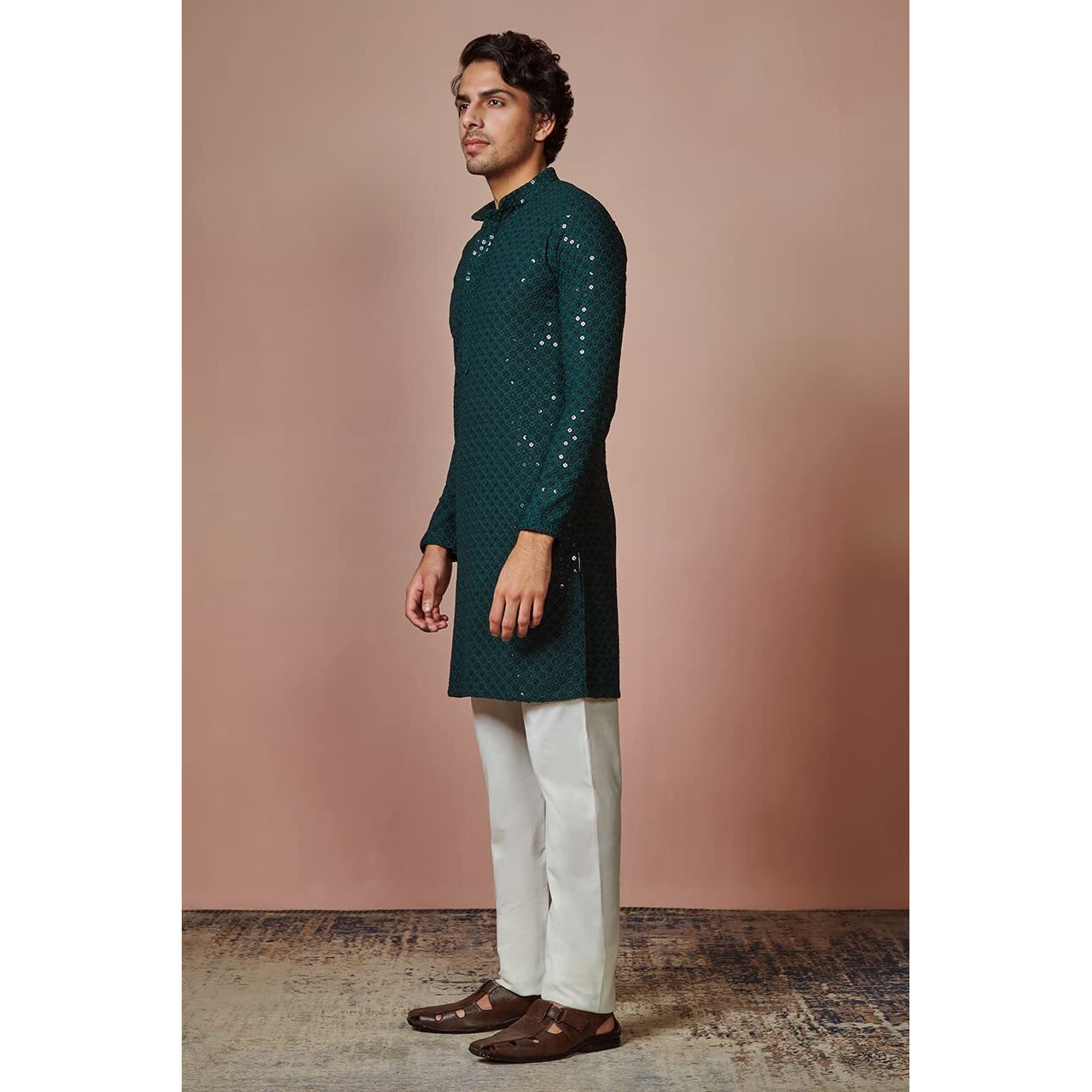 Manyavar Kurta Set for Men, Full Sleeves Mandarin Collar Ethnic Kurta Set for Diwali, Wedding, Party Embroidery (Green, M)