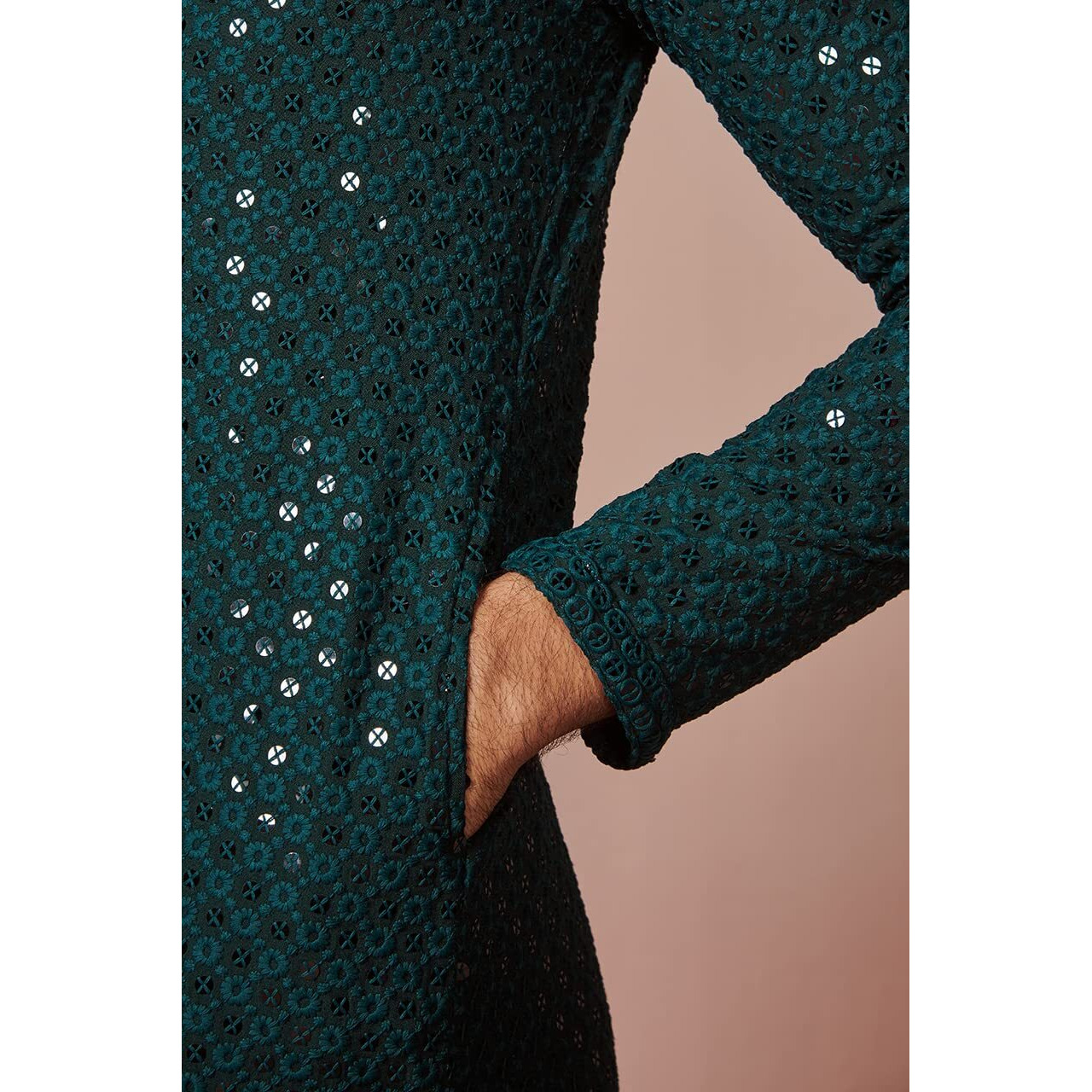Manyavar Kurta Set for Men, Full Sleeves Mandarin Collar Ethnic Kurta Set for Diwali, Wedding, Party Embroidery (Green, M)