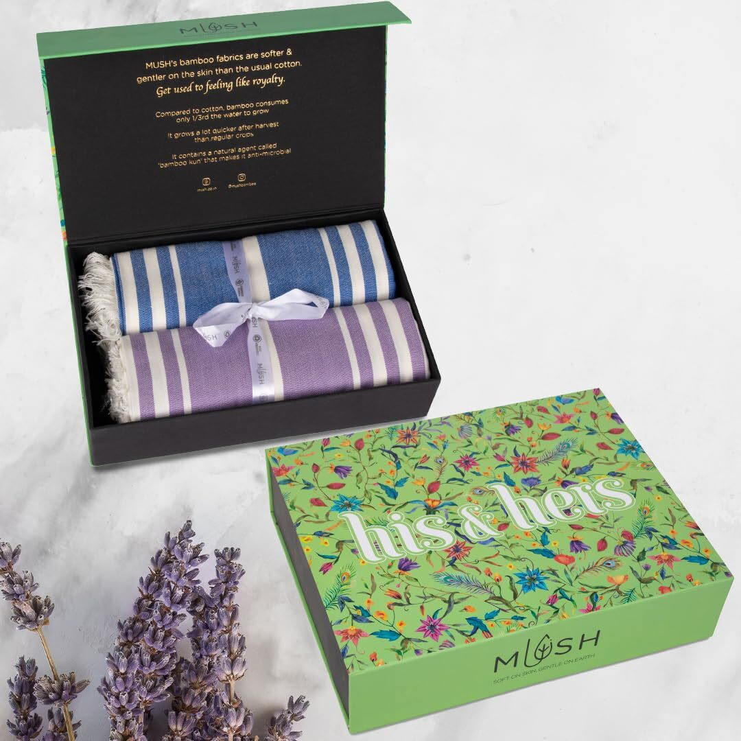Mush Bamboo Turkish Towel Set Perfect Diwali, Wedding, Housewarming, for Couples. Soft, Absorbent, Compact,Travel, Gym, Beach, Pool, Yoga (2, Gift Box  Blue - Lavender)
